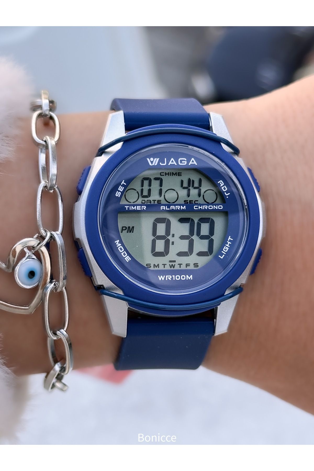 Jaga 32MM Havuz Deniz Kullanım,Işıklı,Takvimli,Kronometreli LACİVERT Silikon Dijital SPOR Kadın Kol Saati