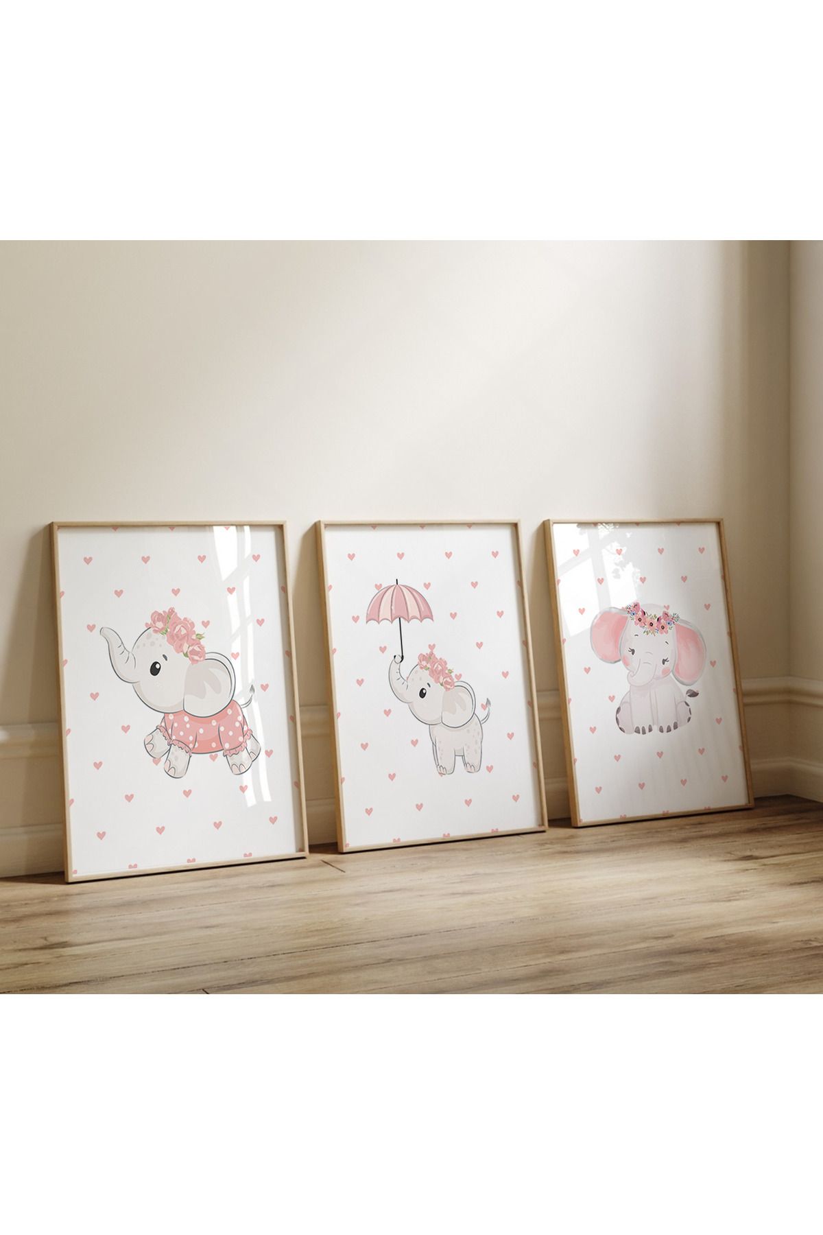 POSTER Pembe fil temalı kız bebek, çocuk odası poster seti, 3lü poster seti