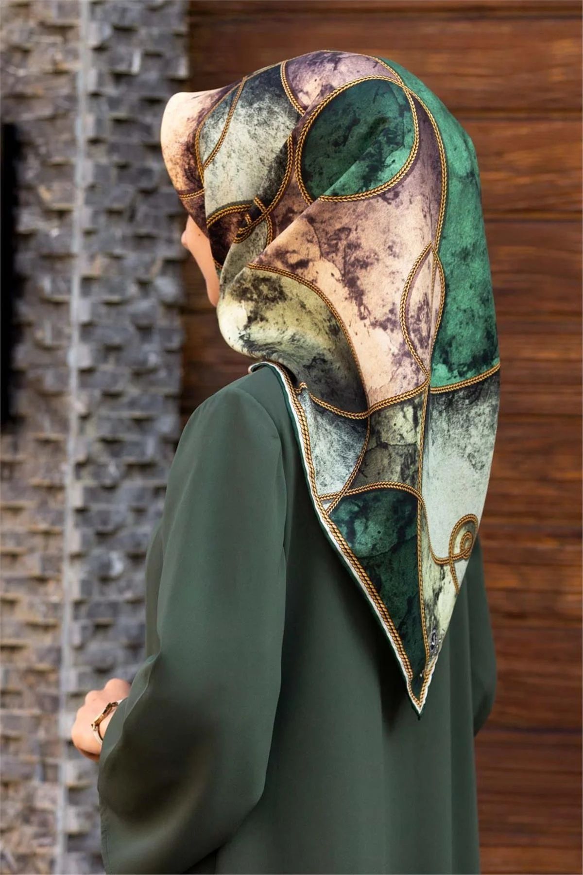 Vissona Twill İpek Eşarp Zümrüt Yeşili, Haki