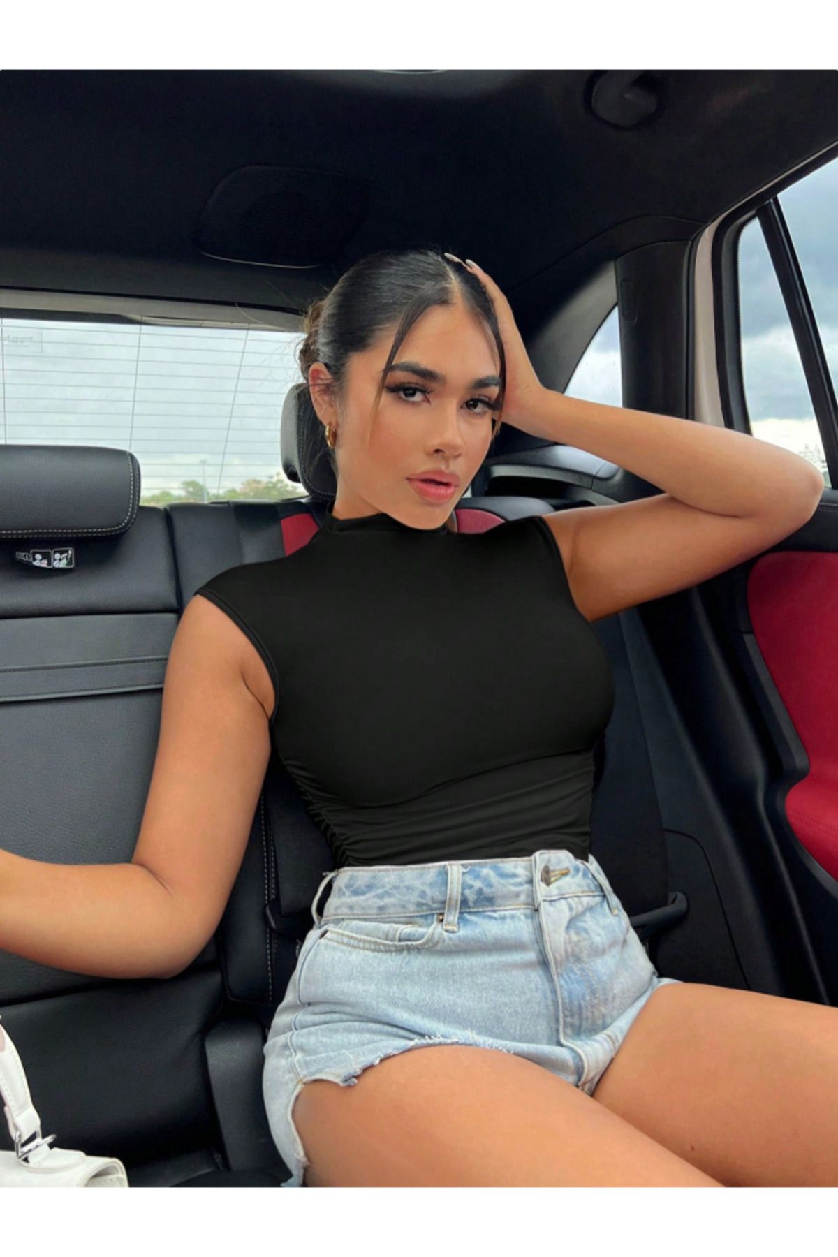blck & premium Dik Yaka Büzgülü CROP top Kısa Bluz DO-56781