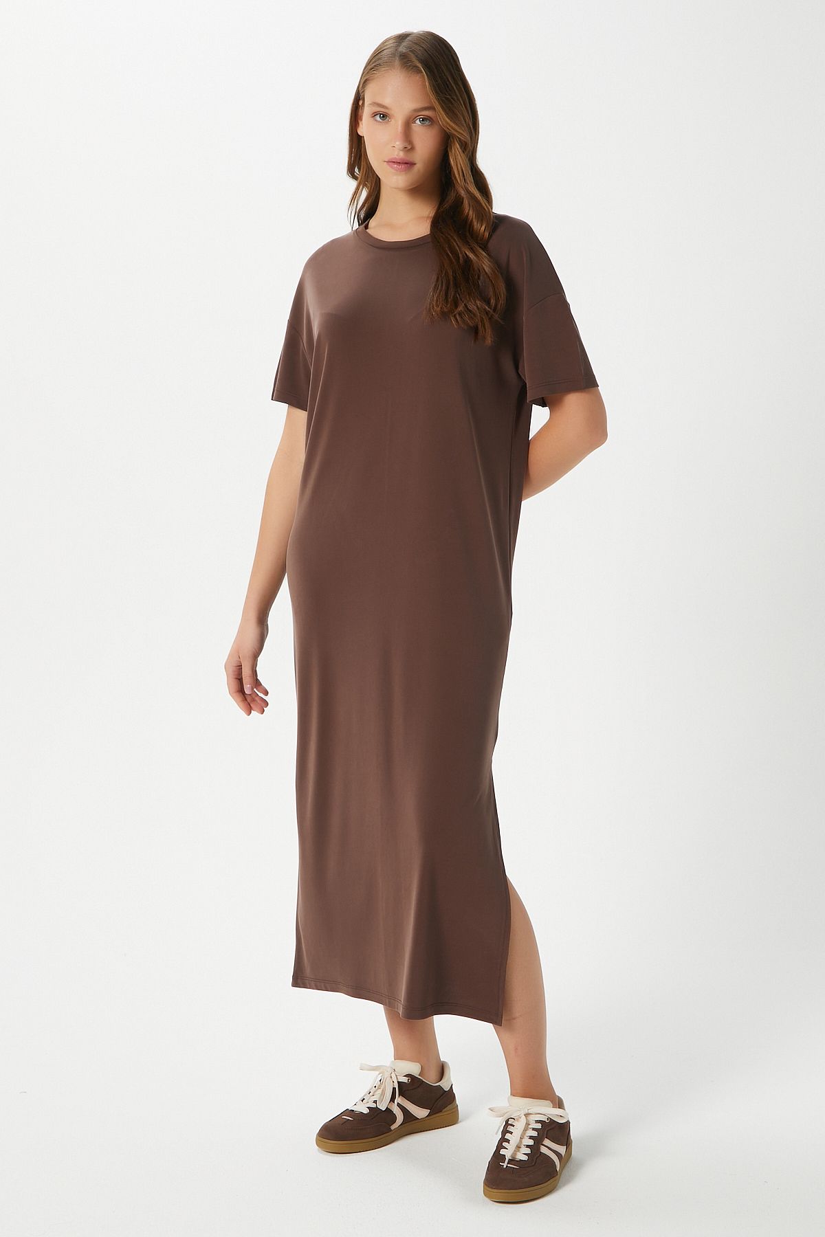 Ritnice Kadın Modal Daily Comfort Kahverengi Yırtmaçlı Elbise 16556