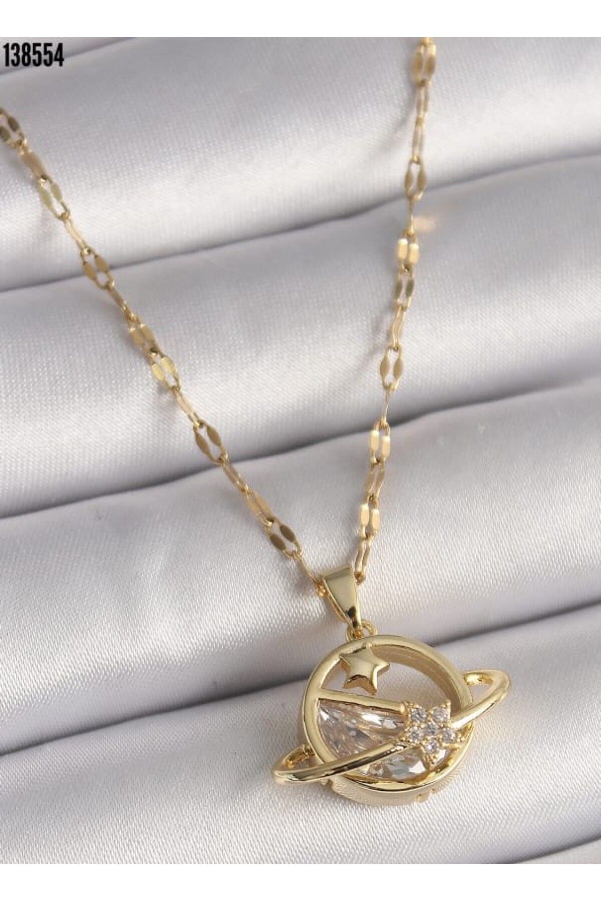 Cbm 316L Çelik gold renk zincir zirkon taşlı yıldız detay satürn gezegen model kolye