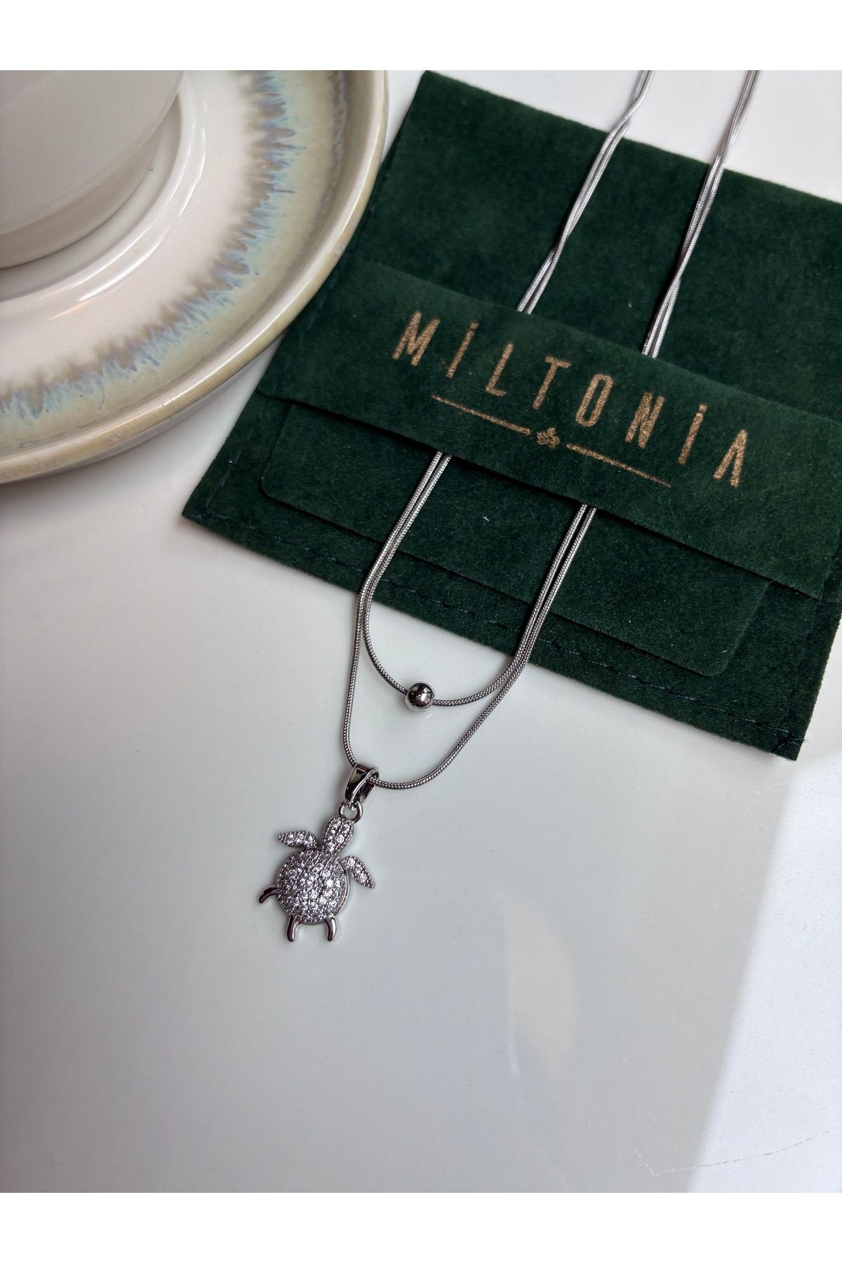 Miltonia Kaplumbağa İkili Zincir Gümüş Rengi Çelik Kolye