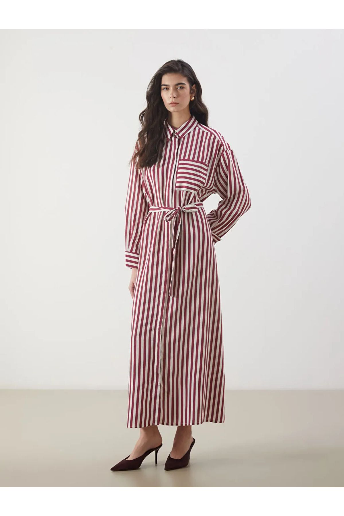 LC Waikiki LCW Modest Bordo Çizgili Poplin Gömlek Elbise