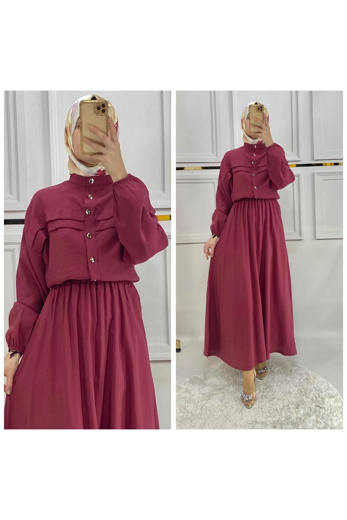 PIRLANTA GİYİM KADIN ÇİLEK KUMAŞ ETEKLİ TESETTÜR TAKIM - 389
