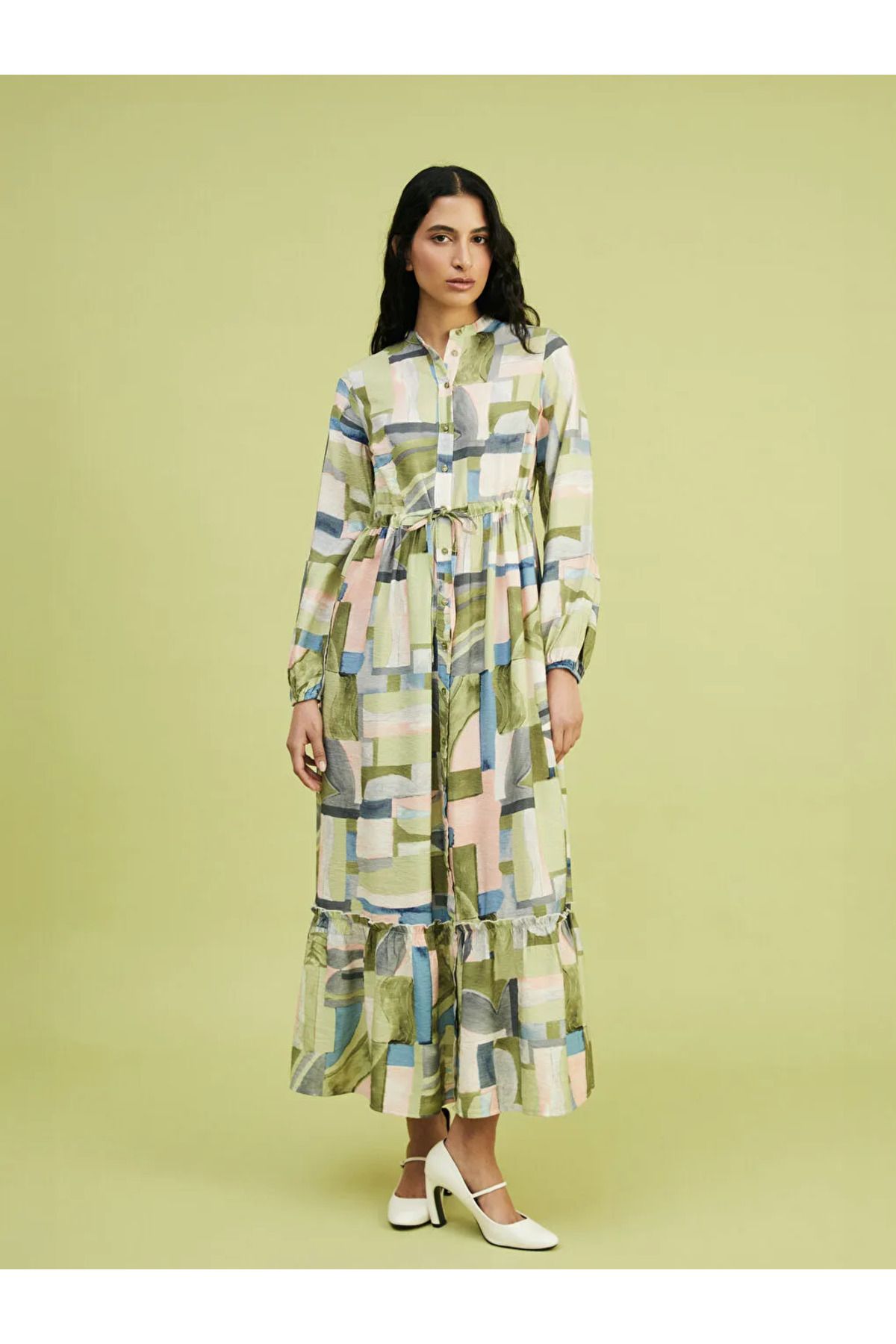 LC Waikiki LCW Modest Yeşil Hakim Yaka Desenli Kadın Gömlek Elbise