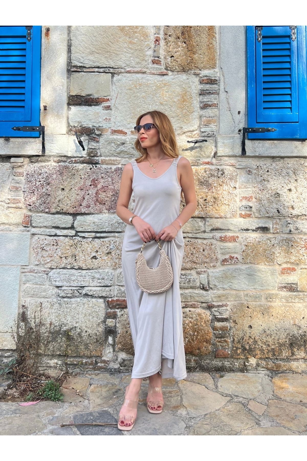 İrka Moda Modal Pike Kumaş Lastik Askılı Elbise Taş