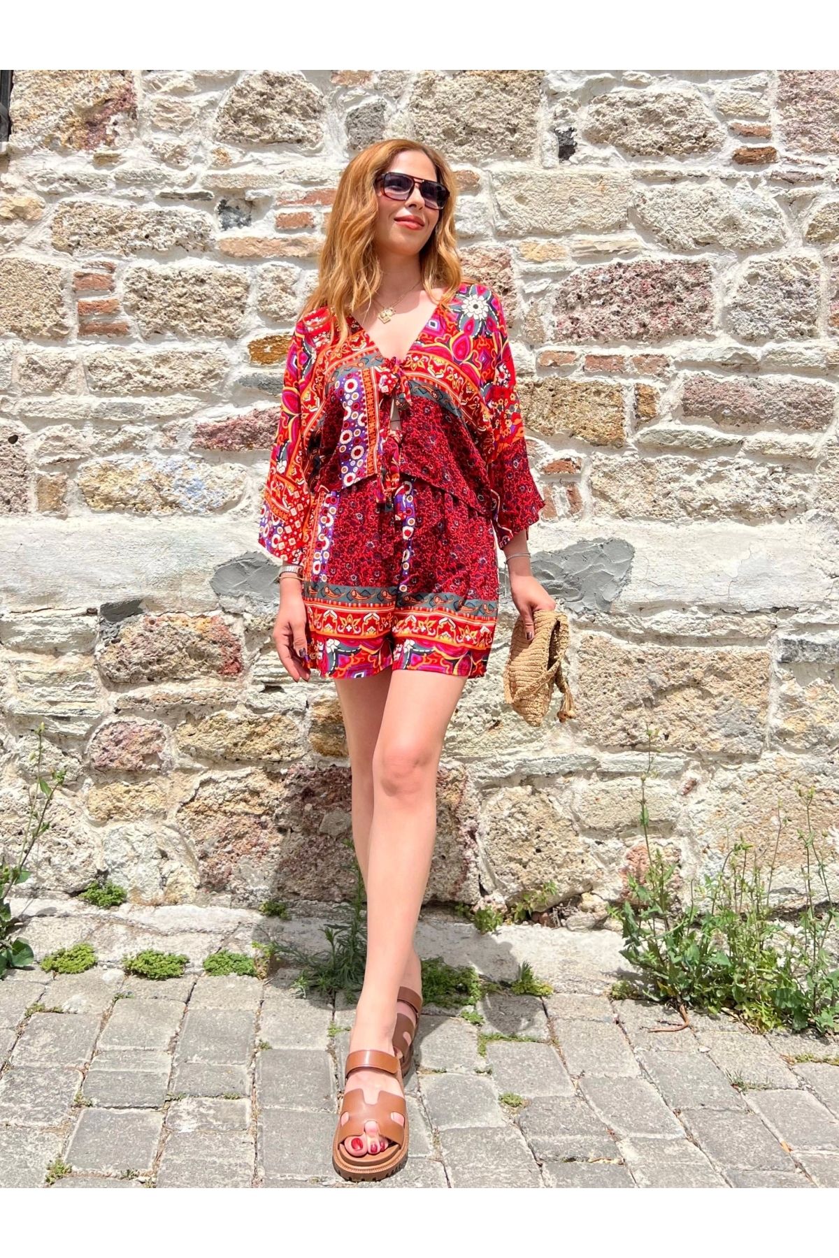 İrka Moda Desenli Kimono Şortlu Takım Kırmızı