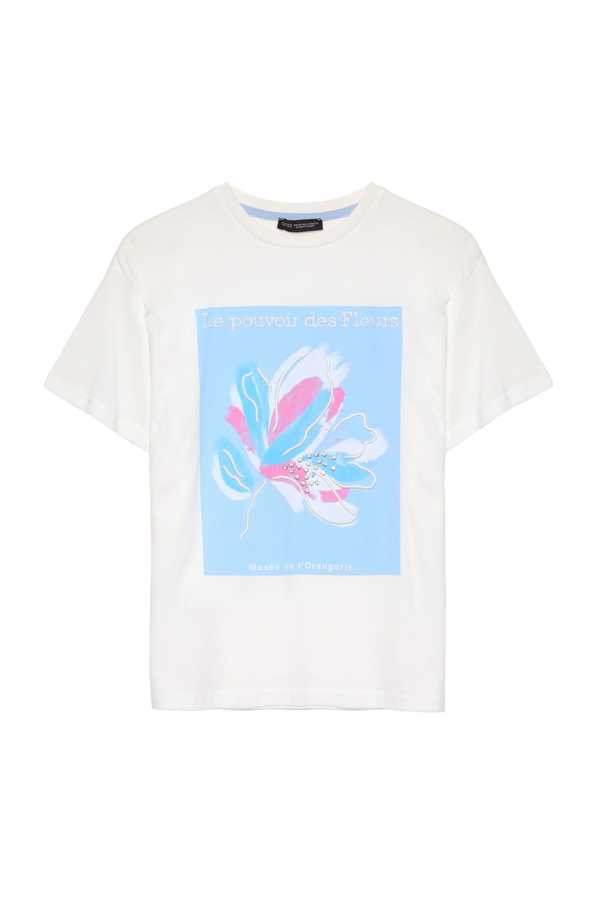 Quzu Çiçek Desenli Taş Detaylı Tshirt
