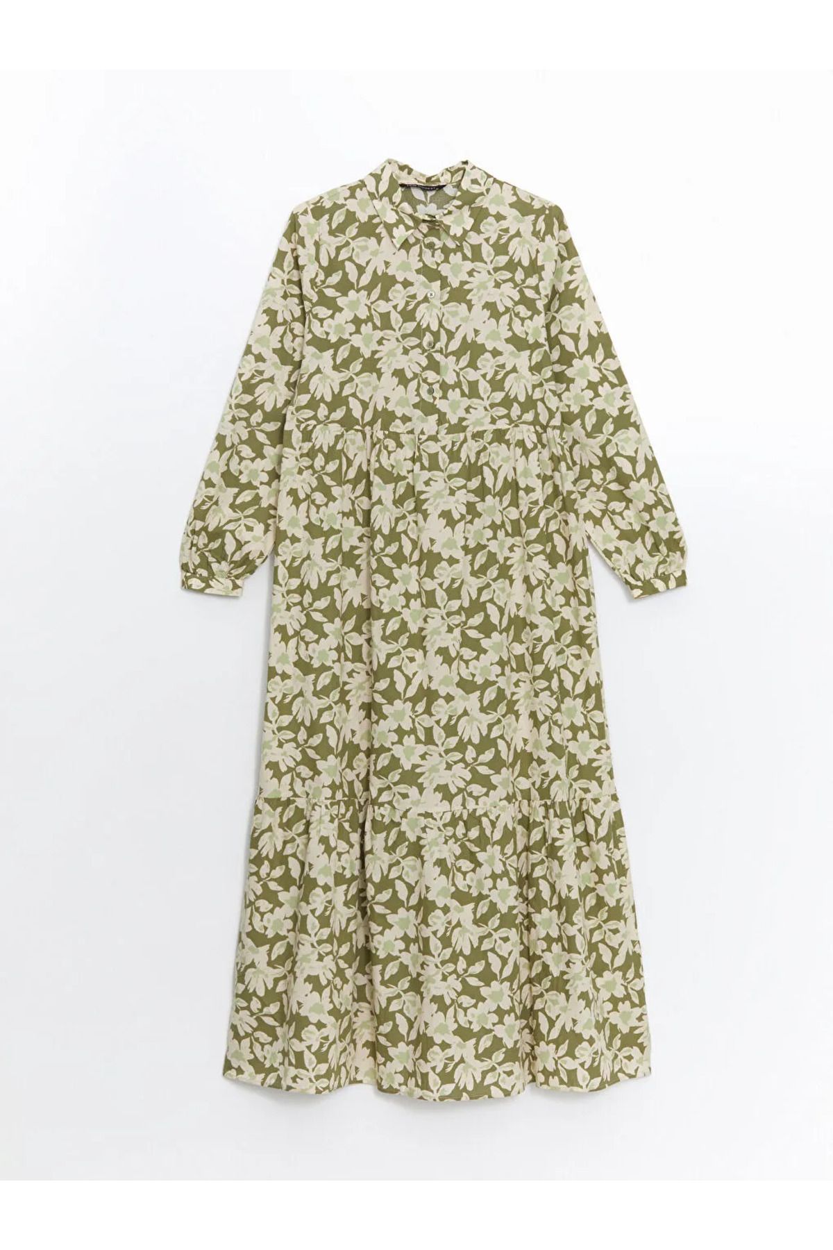 LC Waikiki LCW Modest Yeşil Gömlek Yaka Çiçekli Kadın Elbise