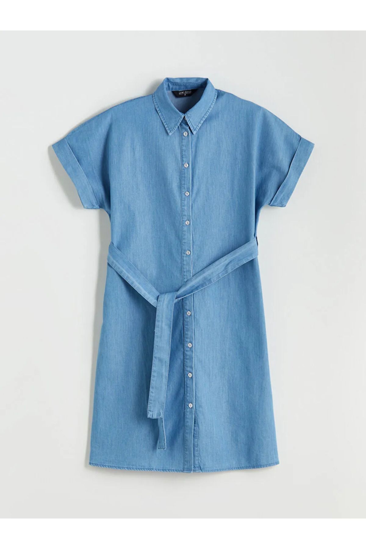 LC Waikiki LCWAIKIKI Classic Indigo Gömlek Yaka Kuşaklı Jean Elbise