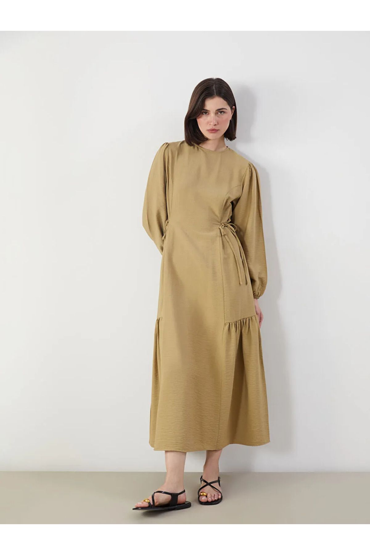 LC Waikiki LCW Modest Haki Bisiklet Yaka Kadın Elbise