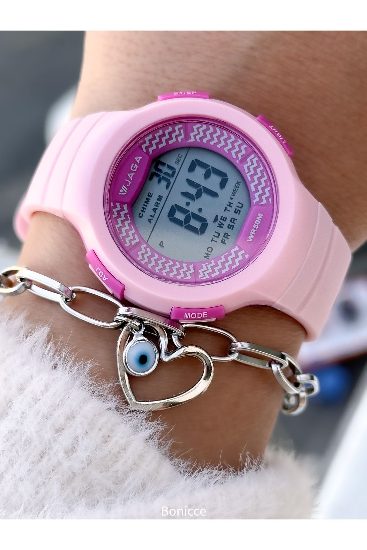 Jaga 32MM Havuz Deniz Kullanım,Işıklı,Takvimli,Kronometreli PEMBE Silikon Dijital SPOR Kadın Kol Saati