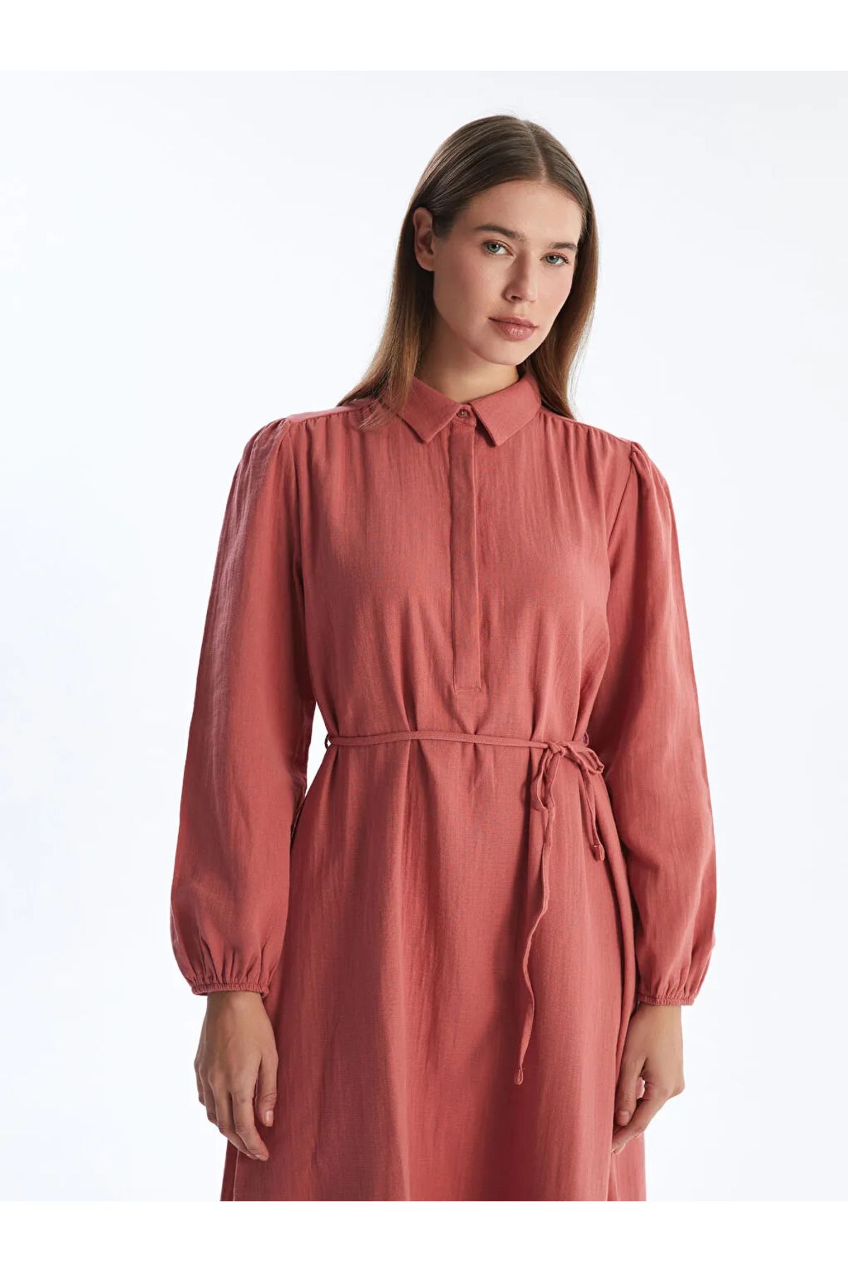 LC Waikiki LCW Modest Pembe Gömlek Yaka Müslin Kadın Elbise