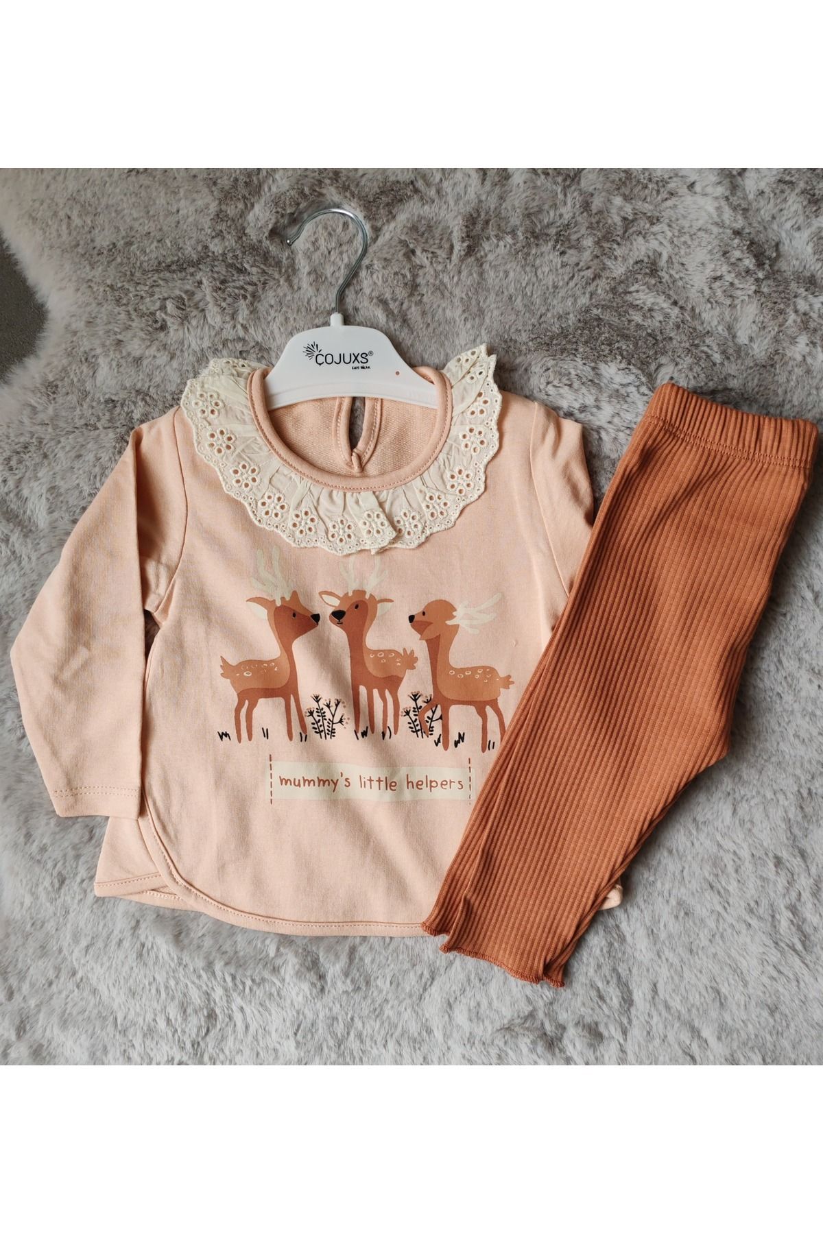 çojuxs ÇOJUXS 6-24 AY FİSTO YAKALI GEYİK DESENLİ KIZ BEBEK/ÇOCUK ALT ÜST 2'Lİ TAKIM