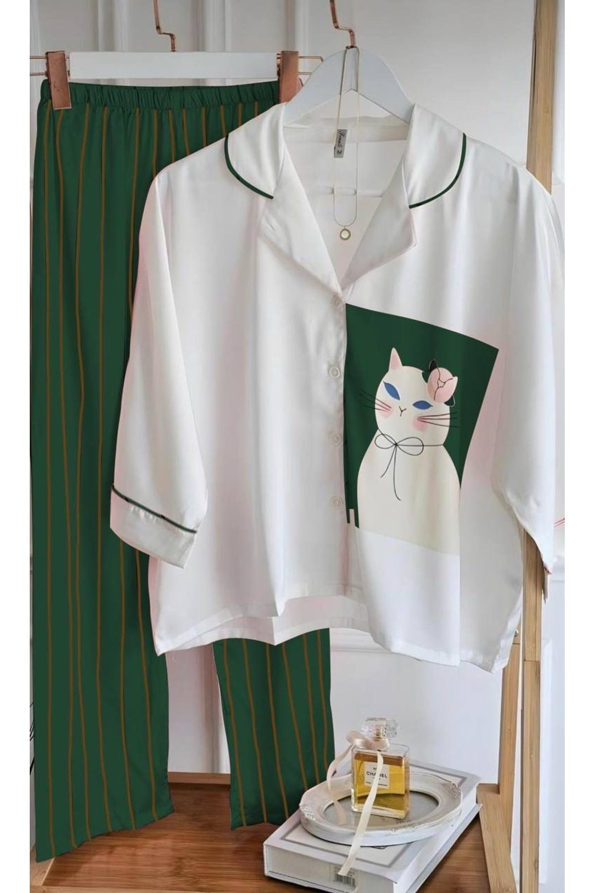 SATTENS Sevimli Kedi baskılı ipeksi kadın Saten Pijama Takımı