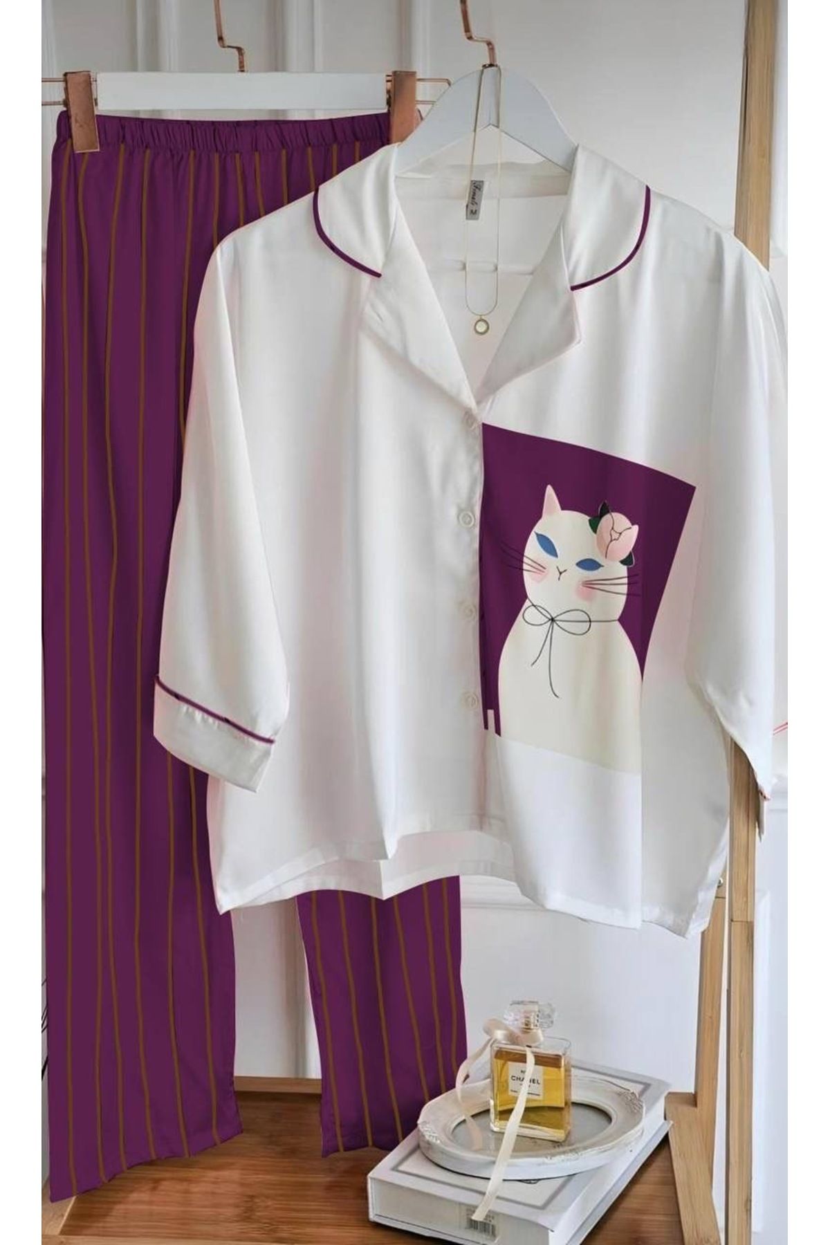 SATTENS Sevimli Kedi baskılı ipeksi kadın Saten Pijama Takımı