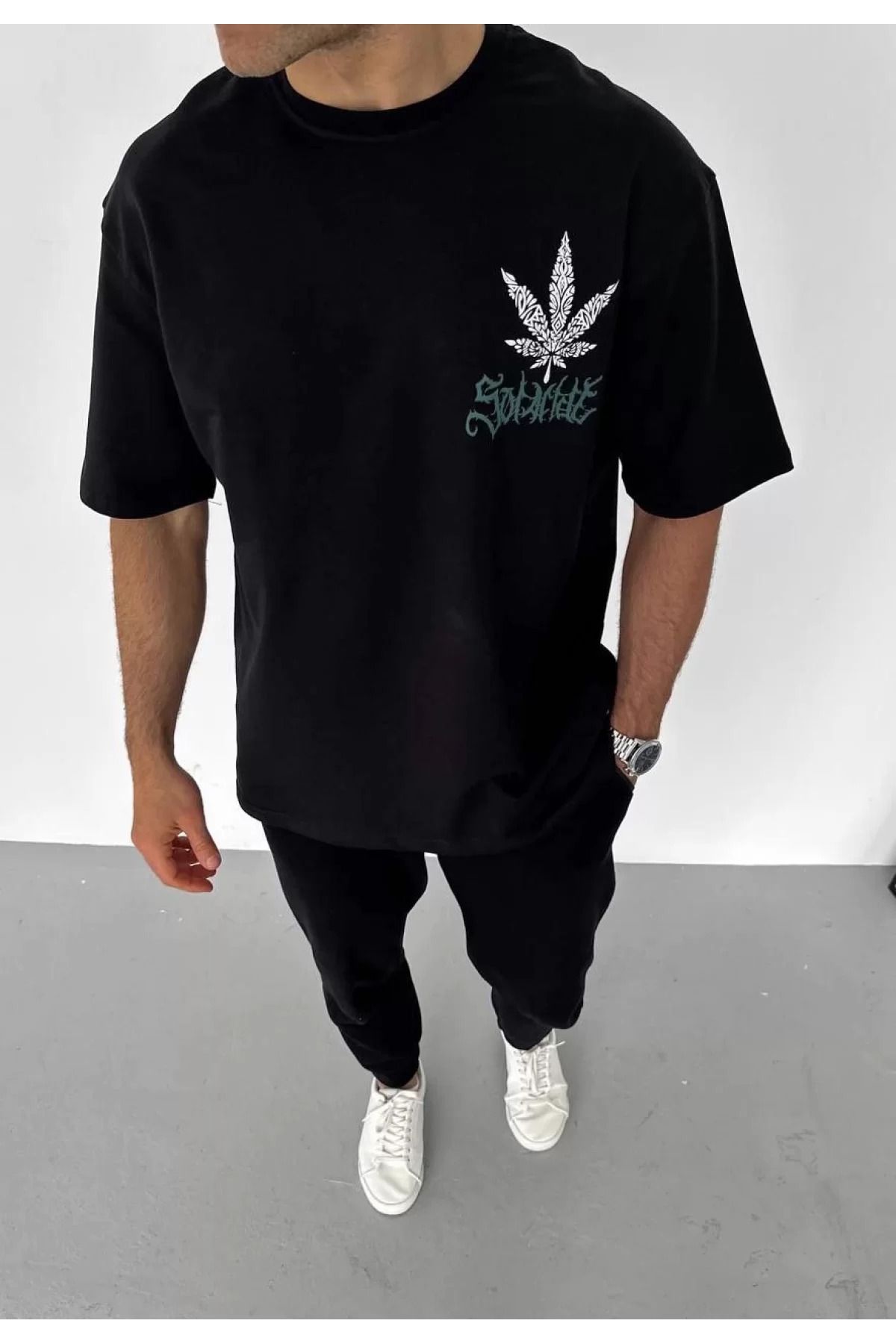 İndigo Park Erkek Tişört Unisex Bisiklet Yaka Baskılı Oversize T-Shirt