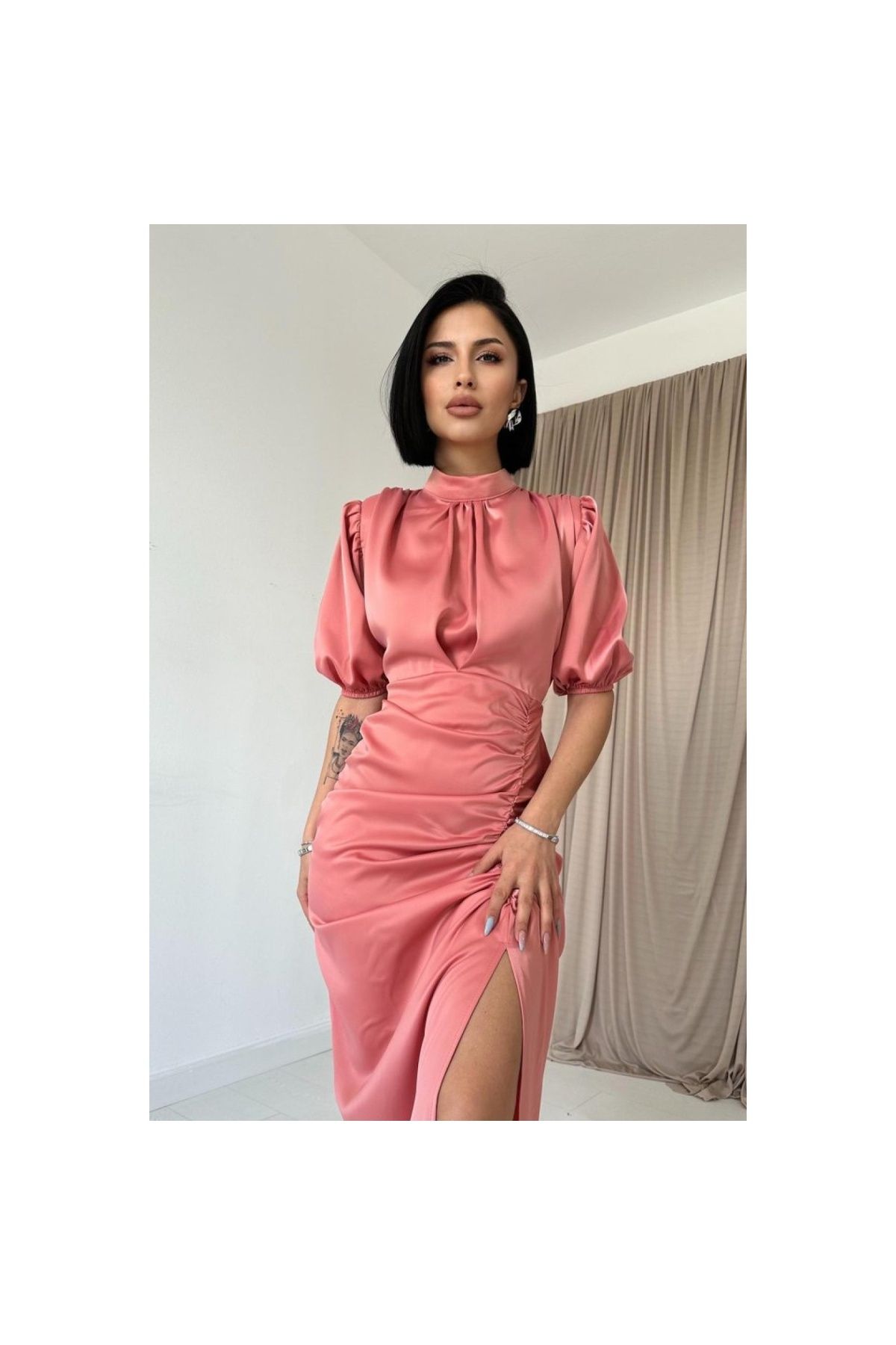 LUCKY LİFE Pudra Büzgülü Saten Elbise