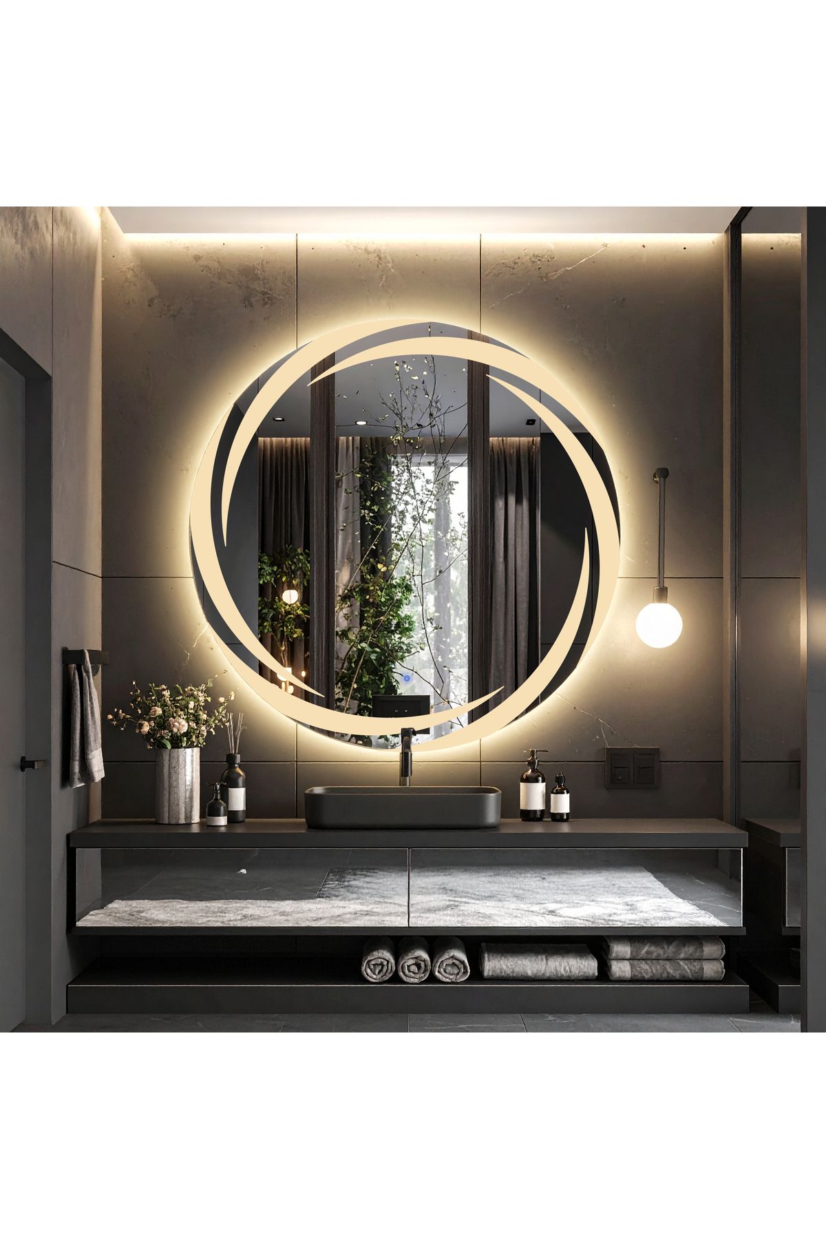 lumora mirror design Whirilwind Günışığı Led'li Lazer Kumlamalı Lavabo & Banyo Aynası (Dokunmatik Sensörlü)