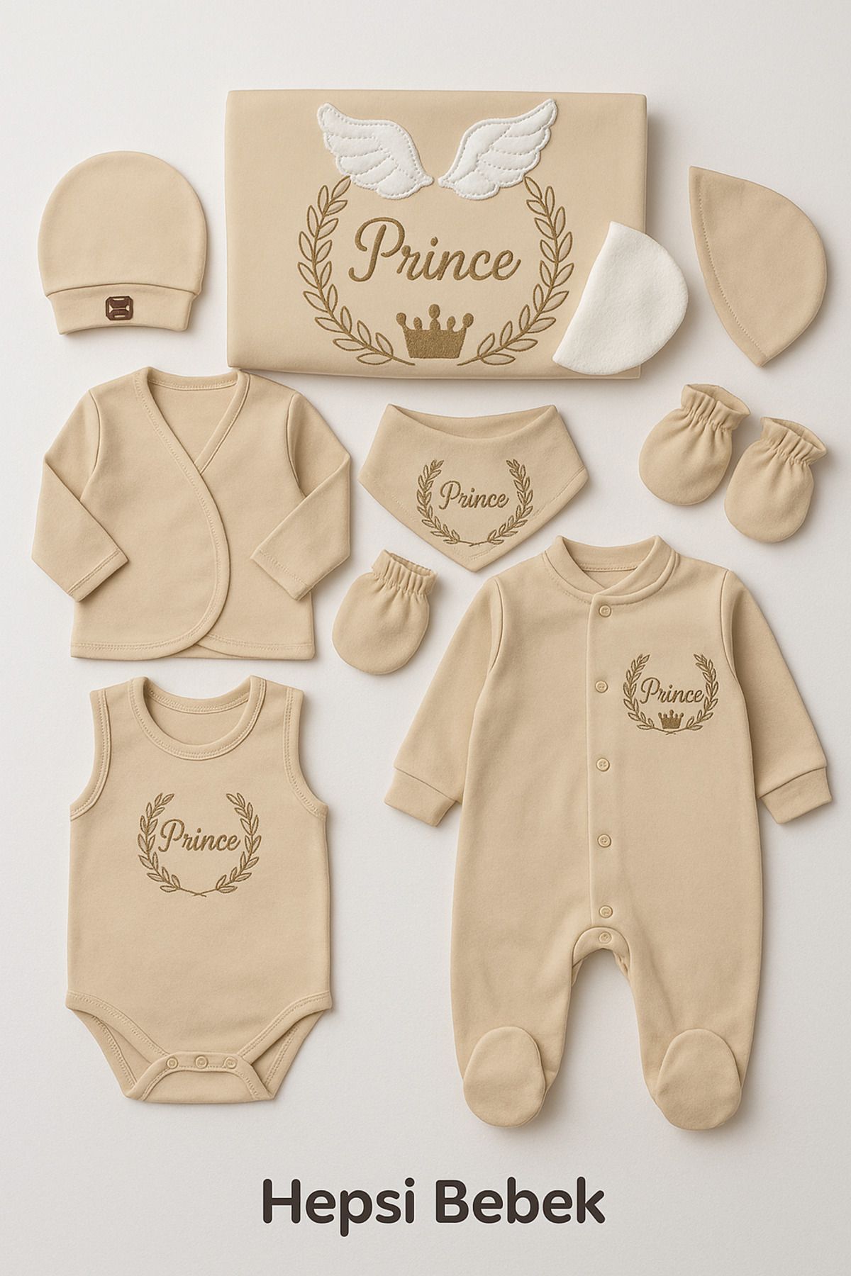 HEPSİ BEBEK %100 Organik Pamuk 10’lu Yenidoğan Erkek Bebek Hastane Çıkışı Seti – PRINCE Nakışlı