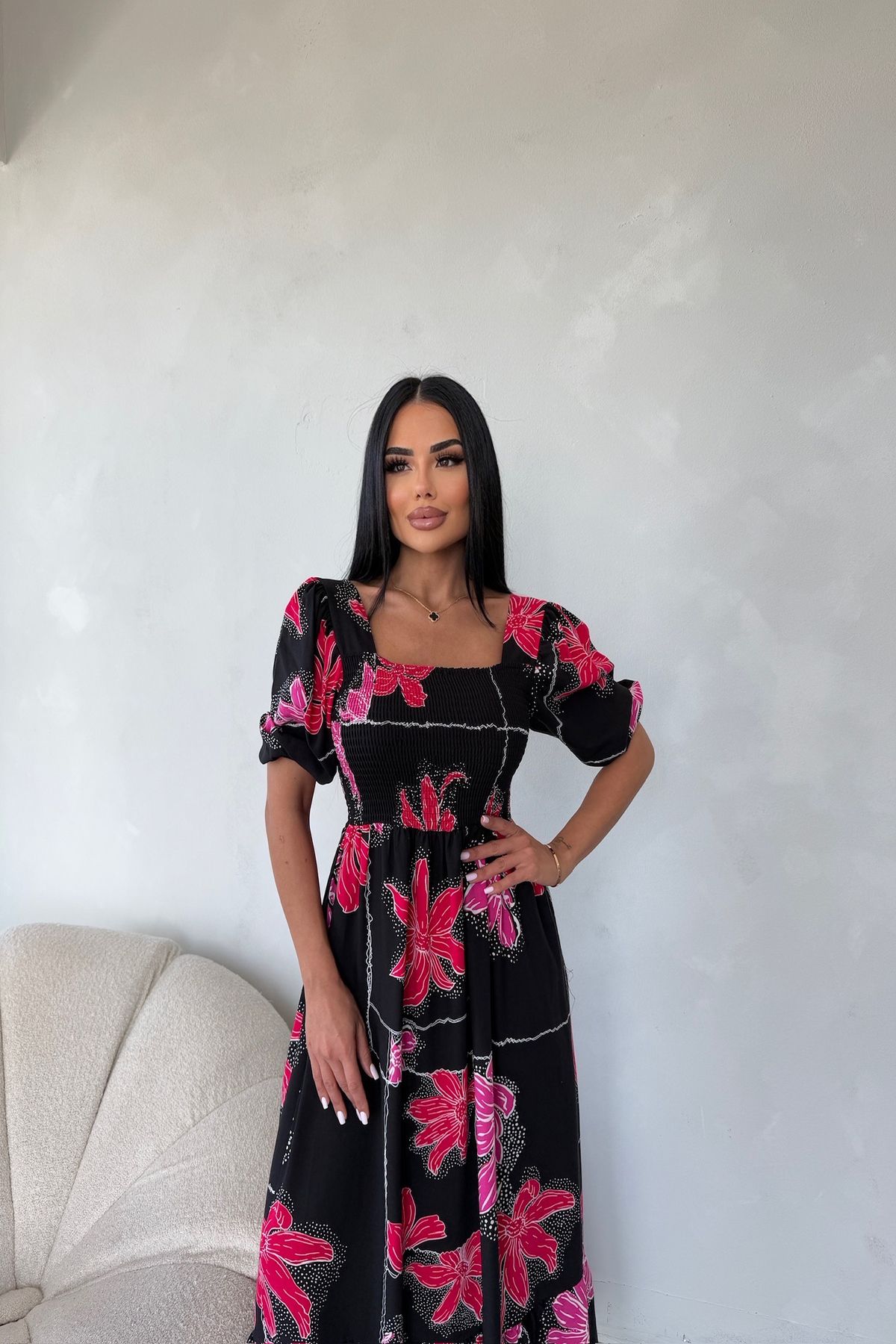 LİLA İSTANBUL Kare yaka Karpuz Kol Viskon Kumaş Çiçek Desenli Yazlık Elbise (Standart Beden S/M/L/XL Uyumlu)
