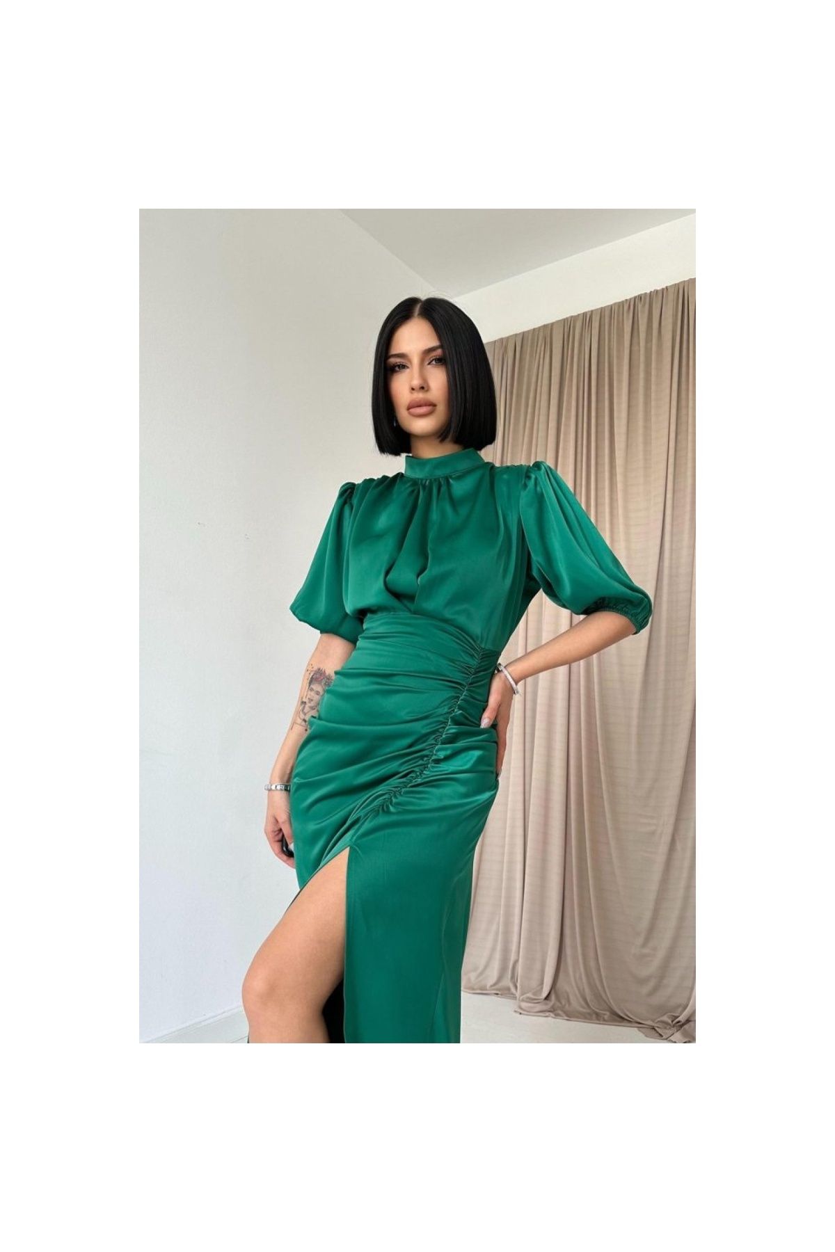 LUCKY LİFE Petrol Büzgülü Saten Elbise