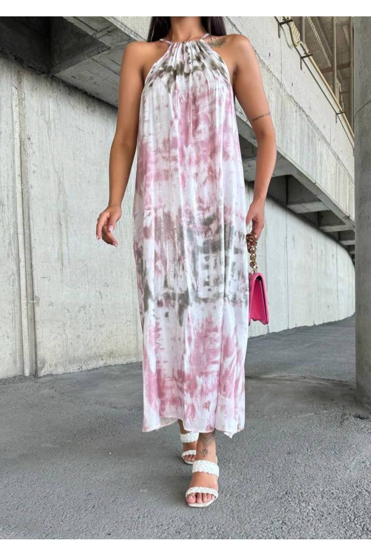 Ophelluna Tie-Dye Desenli Halter Yaka Maxi Elbise