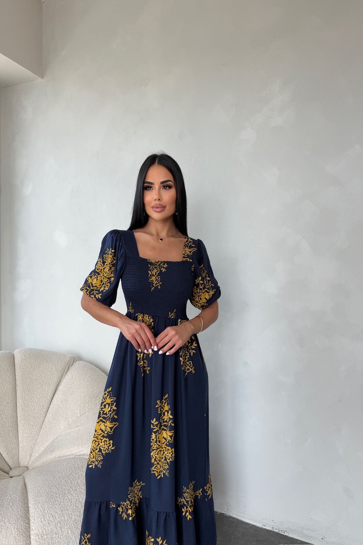 LİLA İSTANBUL Kare yaka Karpuz Kol Viskon Kumaş Etnik Desenli Yazlık Elbise (Standart Beden S/M/L/XL Uyumlu)