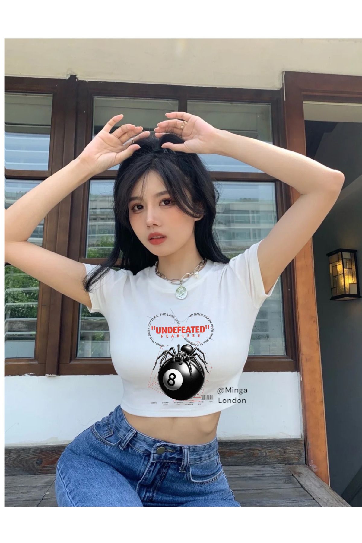 Minga London Beyaz Undefeated Written Spider Ball Crop Bluz -Ghostella