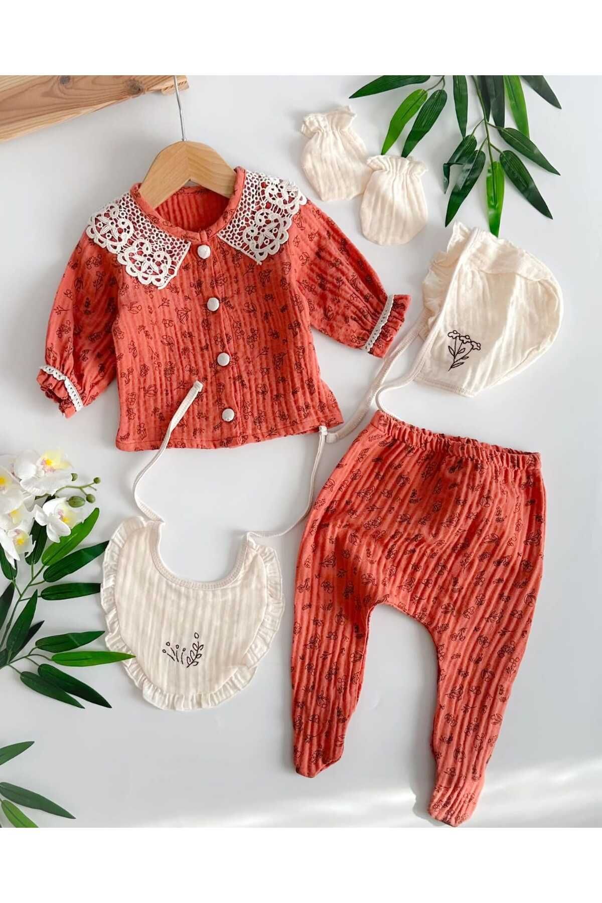 Lino Baby Yeni Doğan Kız Bebek Müslin 5 li Set Hastane Çıkışı