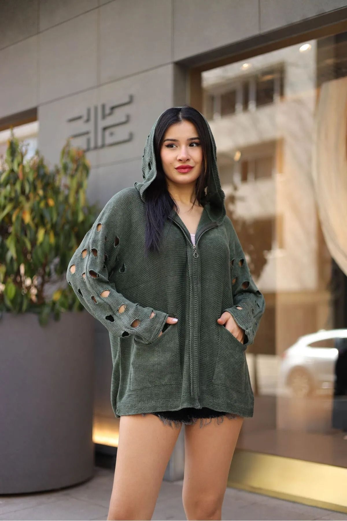 Schs Etnik bohem ve otantik tarz ajurlu kol kapşonlu % 90 pamuk standart beden sweat shirt