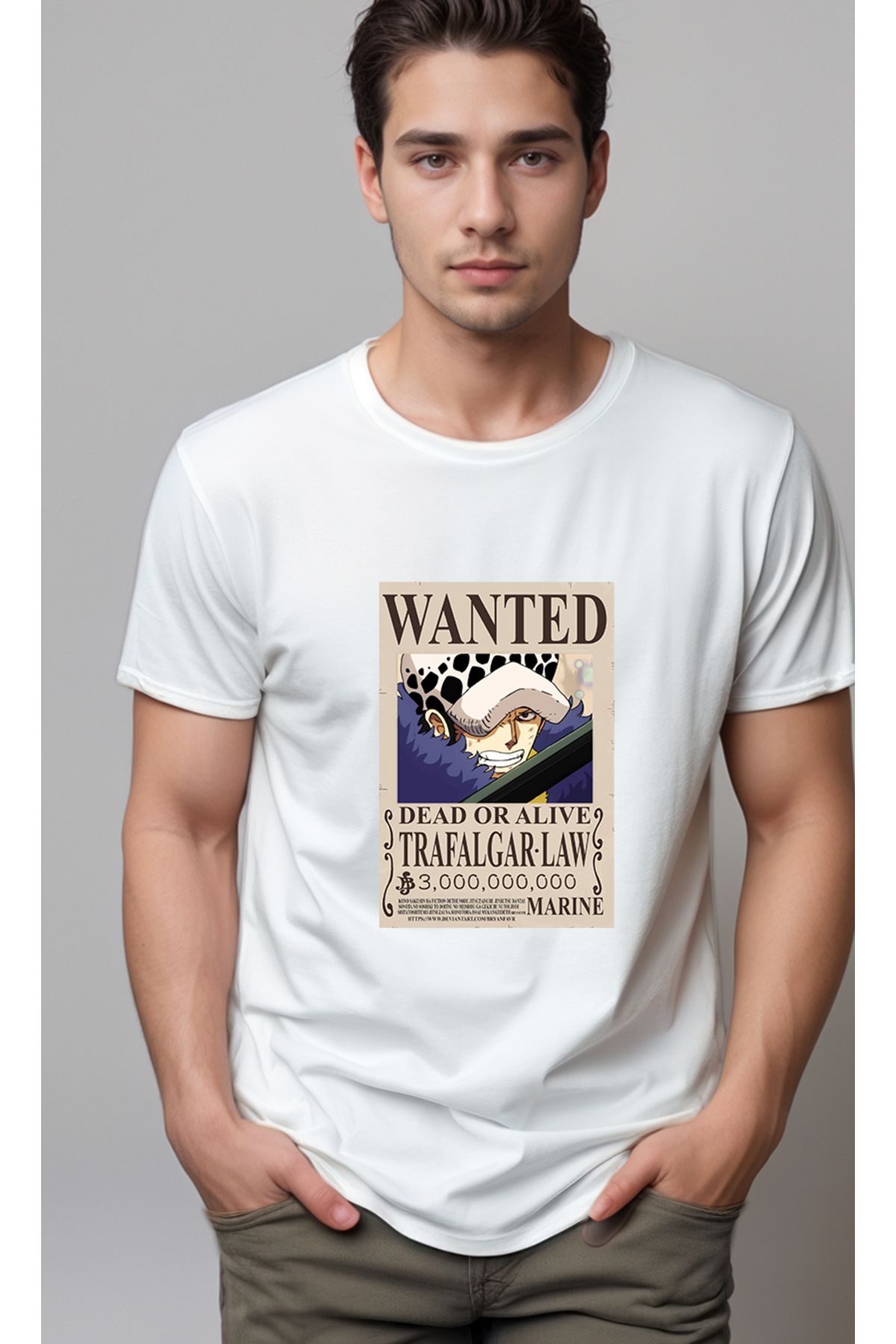 petite pati One Piece Wanted Trafalgar Law Baskılı Unisex Tshirt