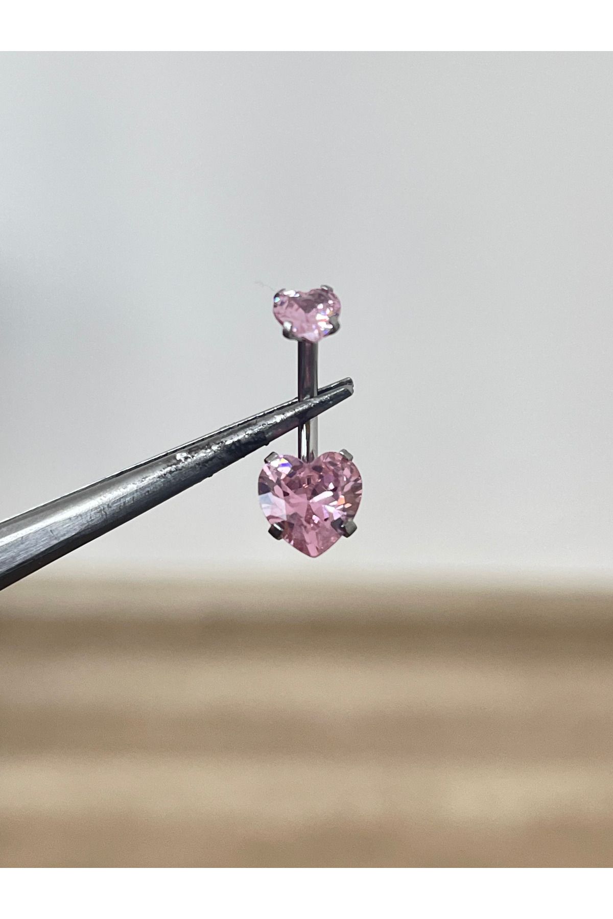Rupen Kraft 316 L Cerrahi Çelik Zirkon Taşlı Kalp Detaylı Göbek Piercingi Pembe