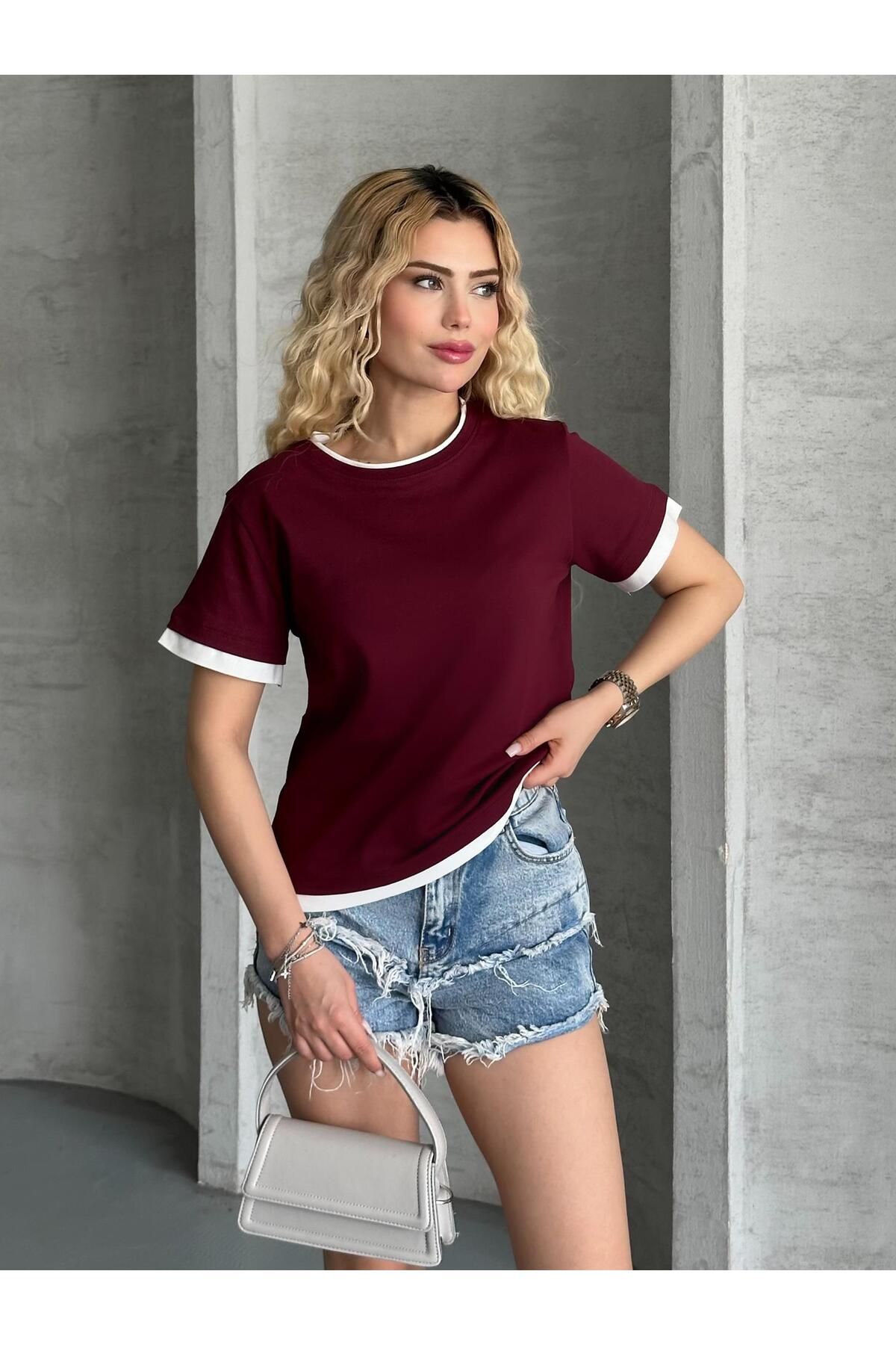 FERZOLAİO Bordo Penye İnterlok Oversize Tişört