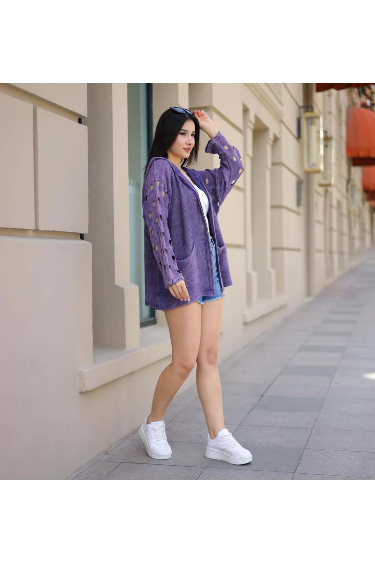 Schs Etnik bohem ve otantik tarz ajurlu kol kapşonlu % 90 pamuk standart beden sweat shirt