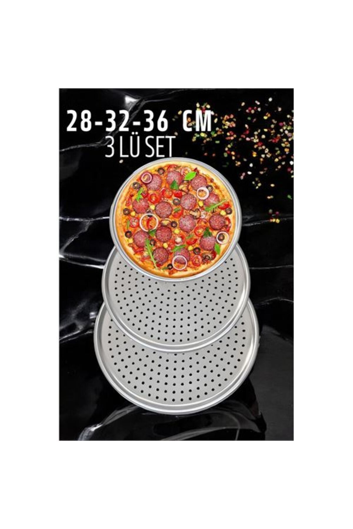 Skygo Delikli Pizza Lahmacun Tepsisi Çelik 28-32-36 CM 3 lü SET