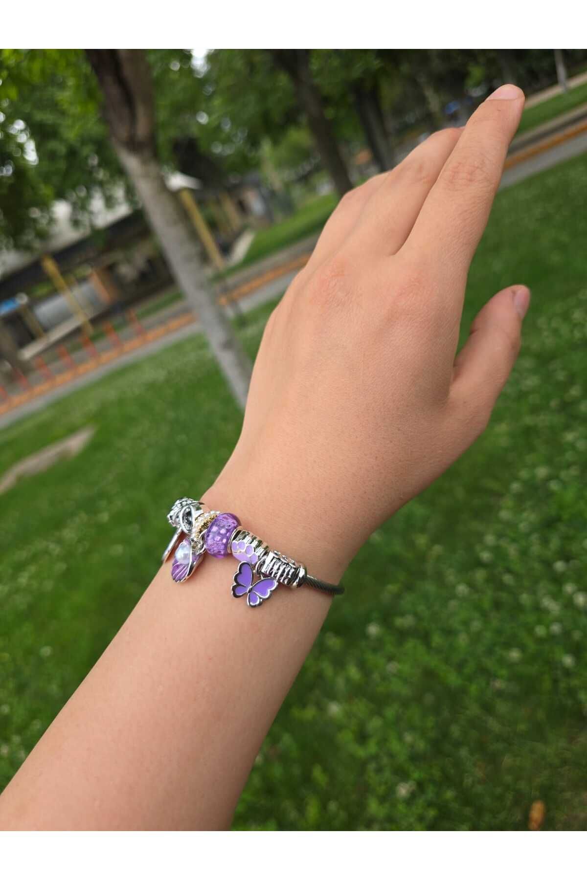 MODAM DENSTINY Çelik Charm Bileklik Kelebek Tasarımlı Deniz Kabuğu, zirkon taş Detaylı