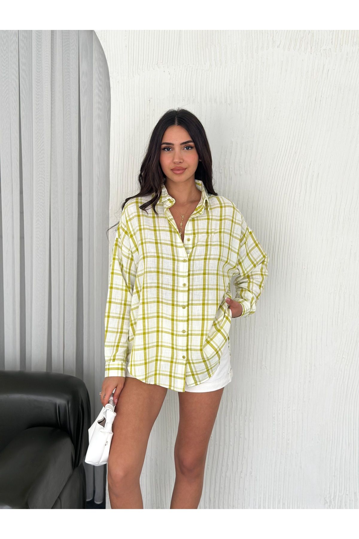 By Pommes Life Kadın Ekose Kareli Oversize Keten Gömlek
