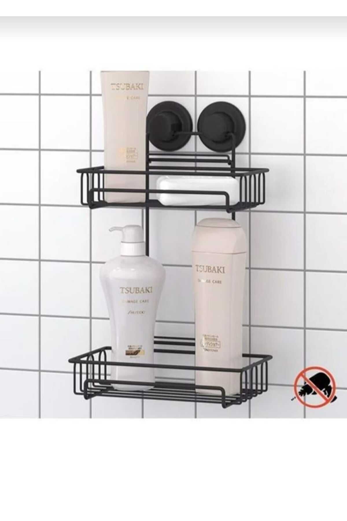 YÜCEKAYA TİCARET 2 Katlı Mat Siyah yapışkanlı vakumlu şampuanlık banyo rafı, duş rafı, sabunluk