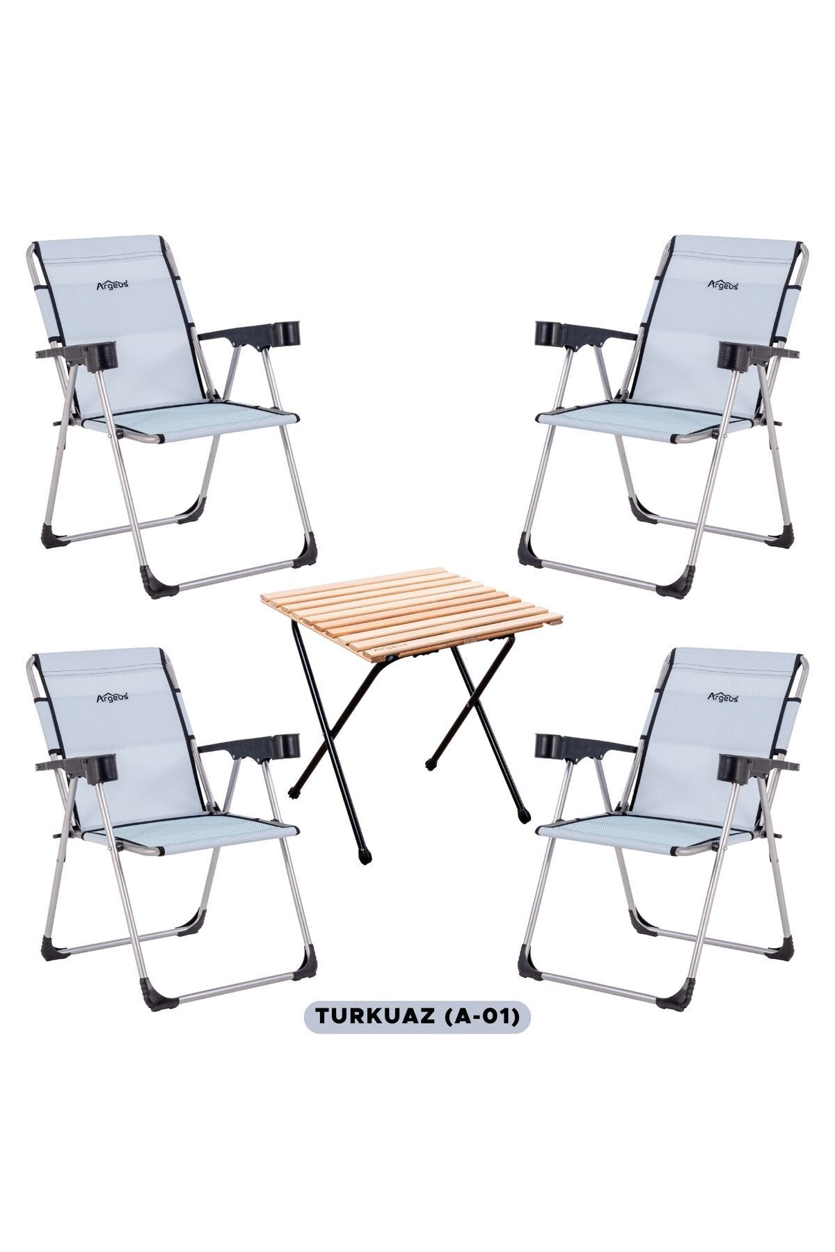 ARGEUS 4 Adet Katlanır Kamp Sandalyesi Ve Masa Seti - Rock - Turkuaz - Bardaklıklı - 140 Kg