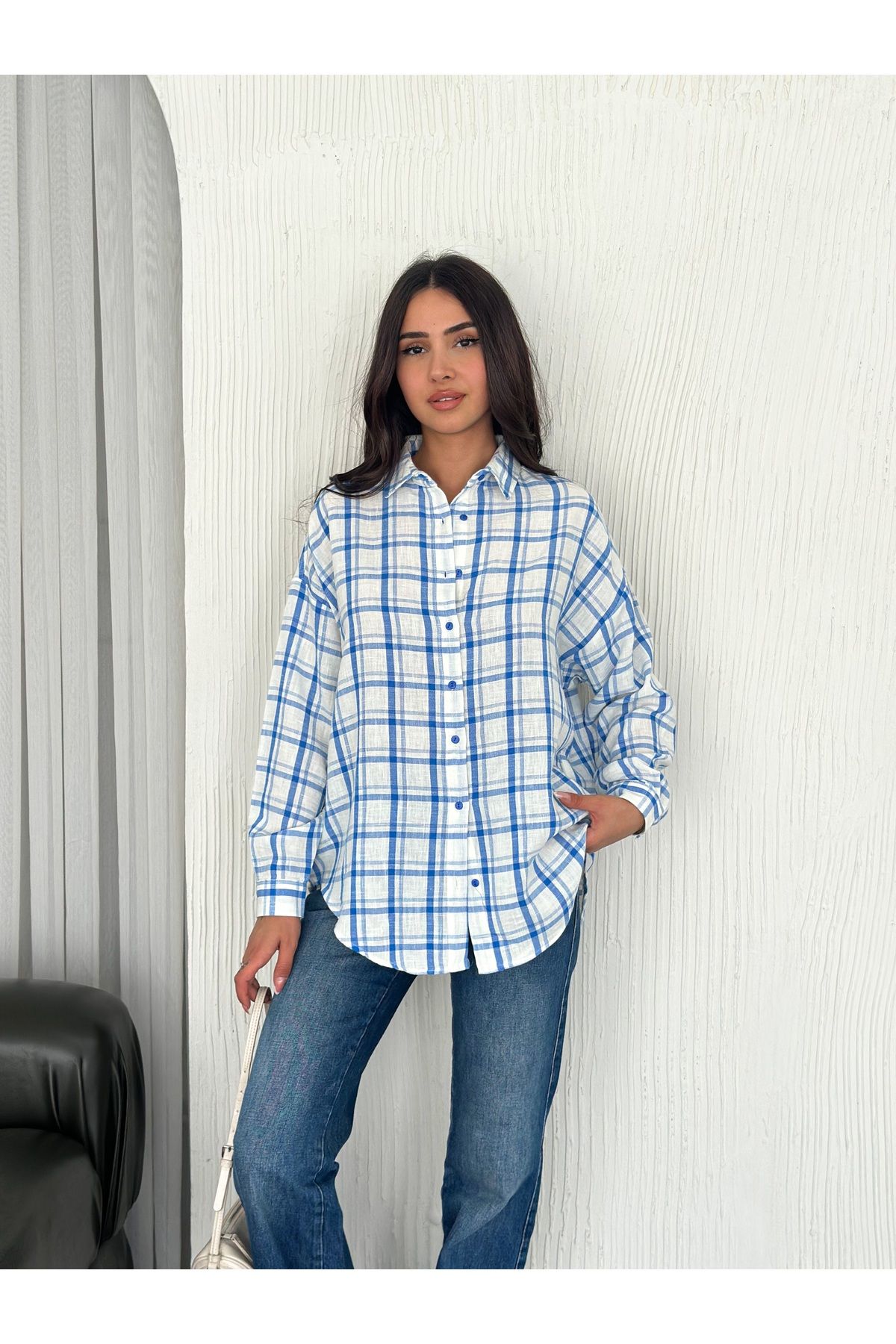 By Pommes Life Kadın Ekose Kareli Oversize Keten Gömlek