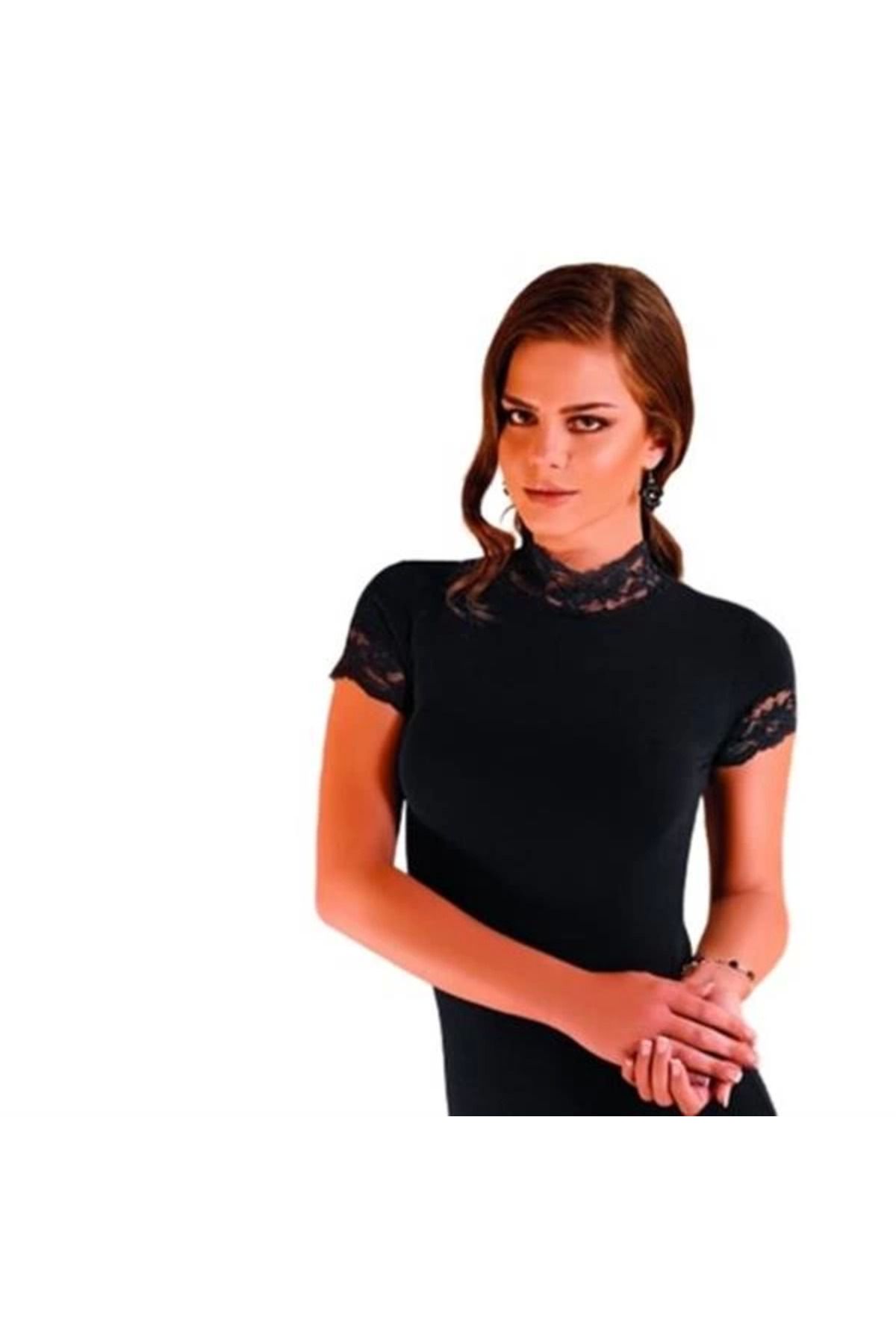 Moda Şahsenem Berrak Kadın Dantelli Kısa Kollu Elastan Bluz 2144