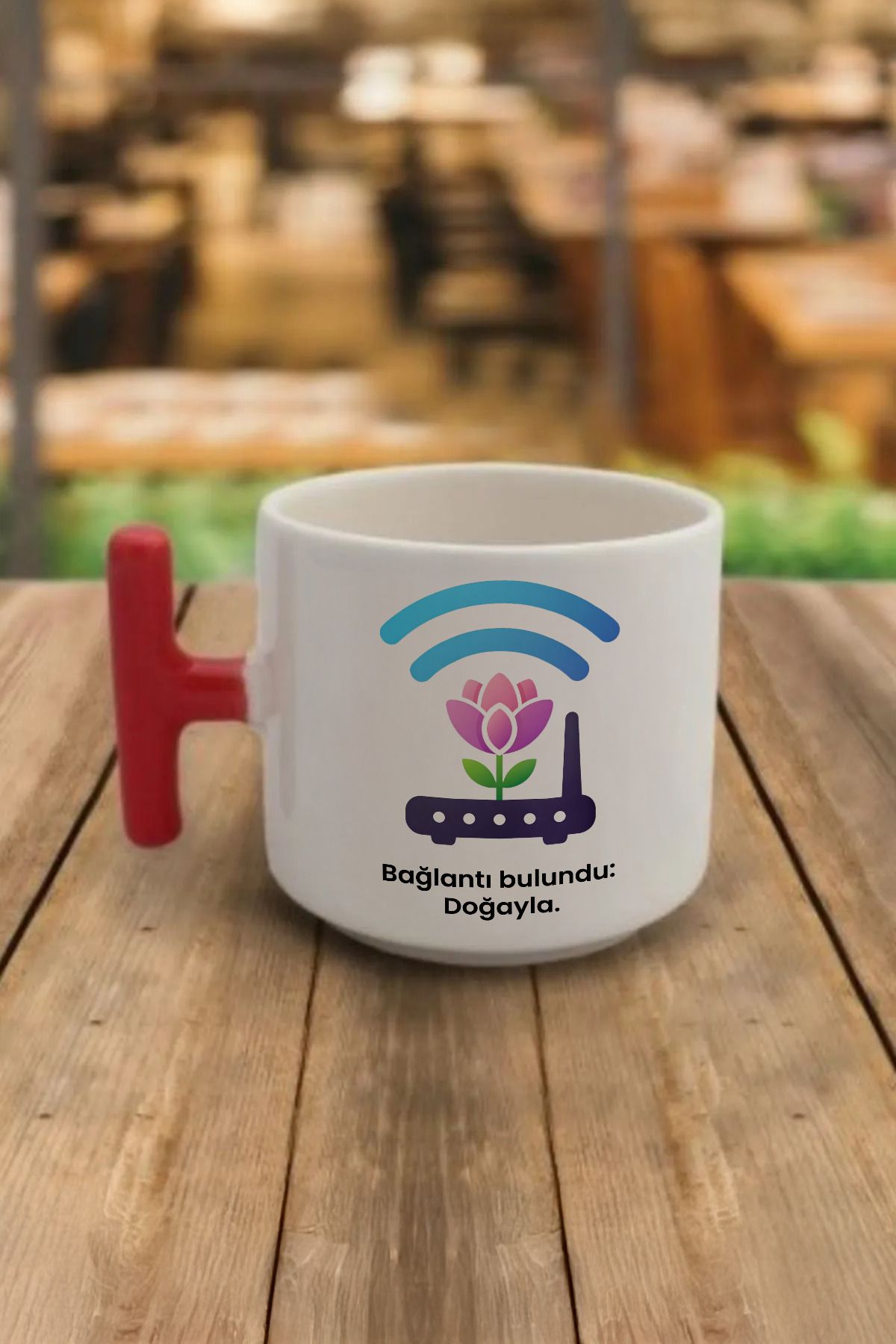 DozNest "Bağlantı bulundu: Doğayla." Yazılı Kırmızı Kulplu Kupa Bardak - Hediyelik Kahve Bardağı DZB29