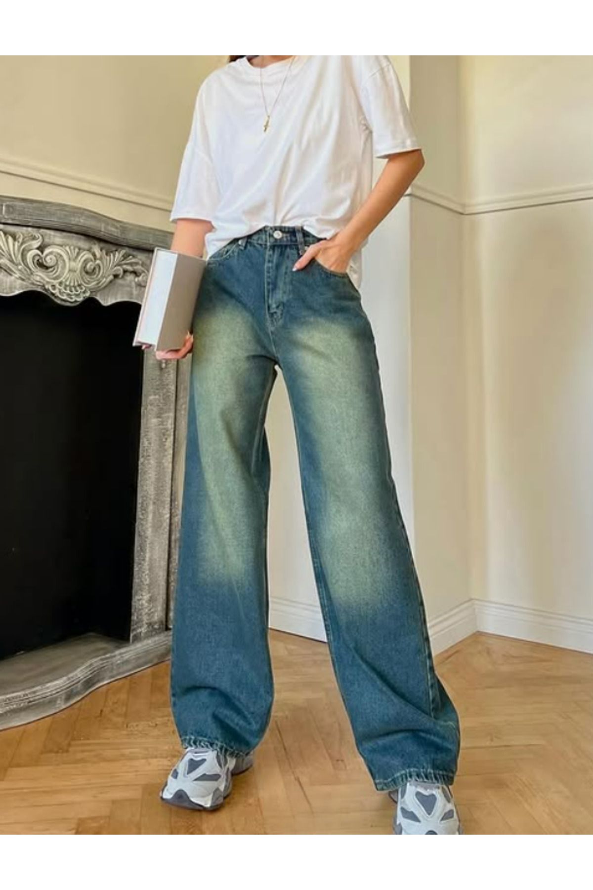 KOTOLOG Yeşil Retro Kalıp Boru Paça Vintage Yıkamalı Unisex