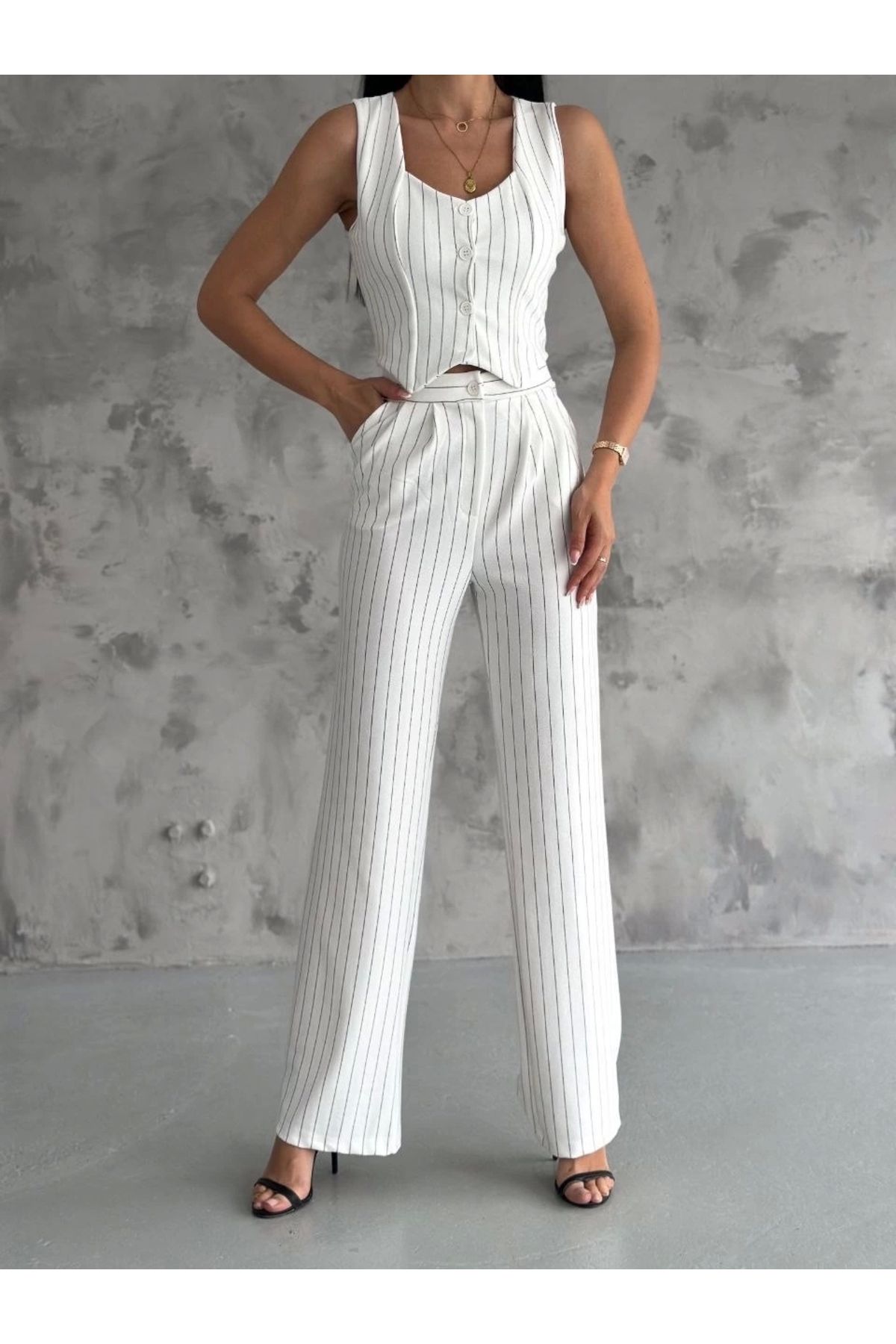 ufukmoda Çizgili palazzo pantolonlu yelek takım s3395