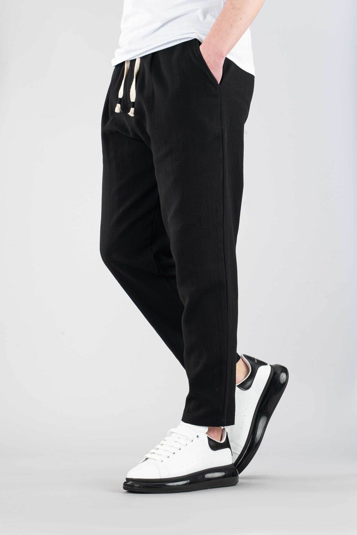 bombe Erkek Jogger Keten Pantolon Beli Lastikli İpli Pamuklu Rahat Boyfriend Pantolon