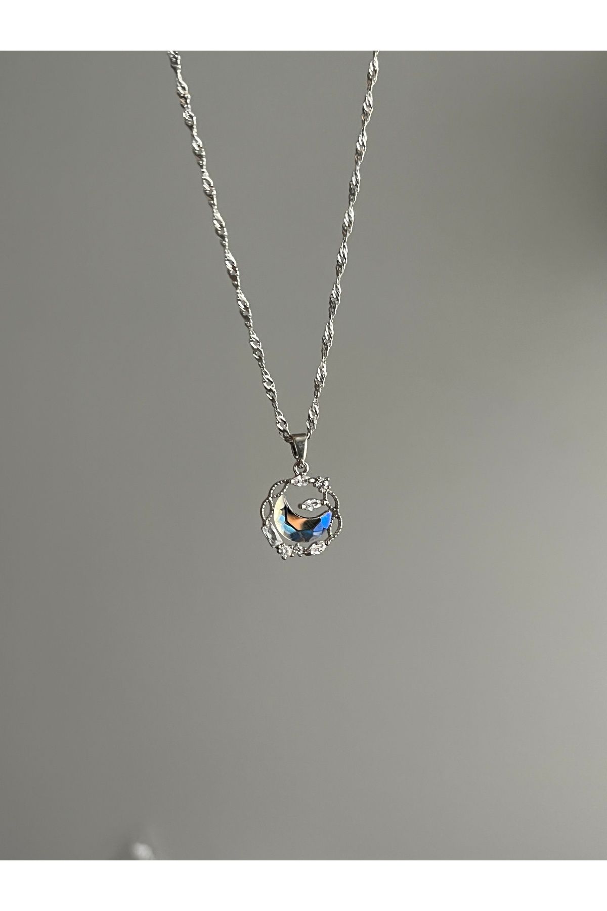 Alya Jewelry Çelik Silver Zirkon Opal Taş Ay Kolye