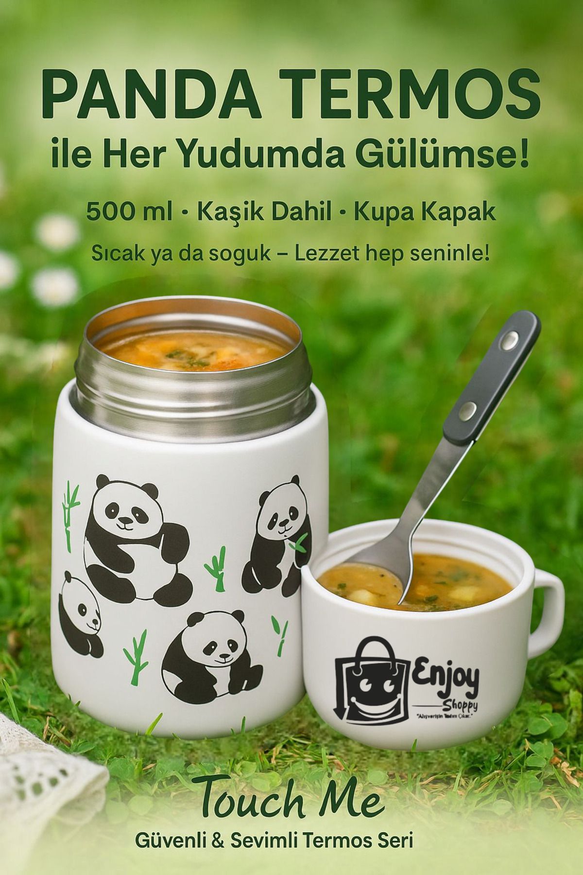 MATMEL Touch Me Panda Termos Yemek termosu 500 ml Paslanmaz Çelik Kaşık ve Kupa Kapaklı