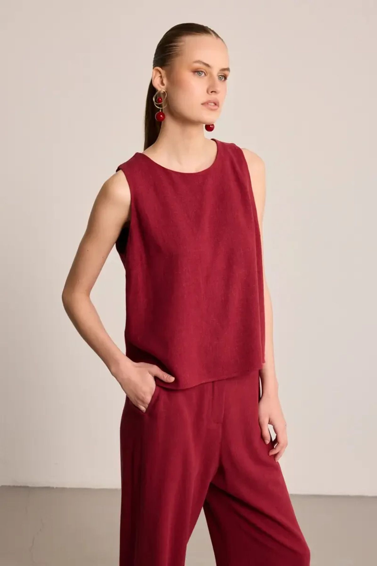 Gusto Kolsuz Keten Bluz - Bordo